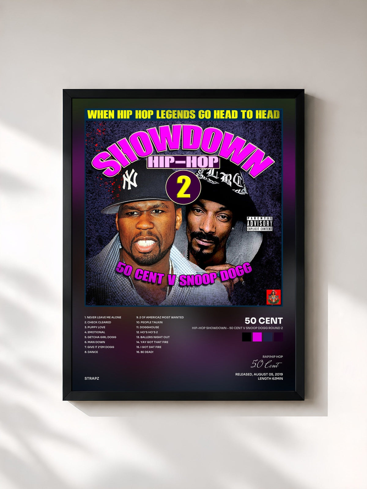 #noir Tableau de l'album Hip-Hop Showdown - 50 Cent v Snoop Dogg Round 2 de 50 Cent, cadre noir, imprimé et encadré en France