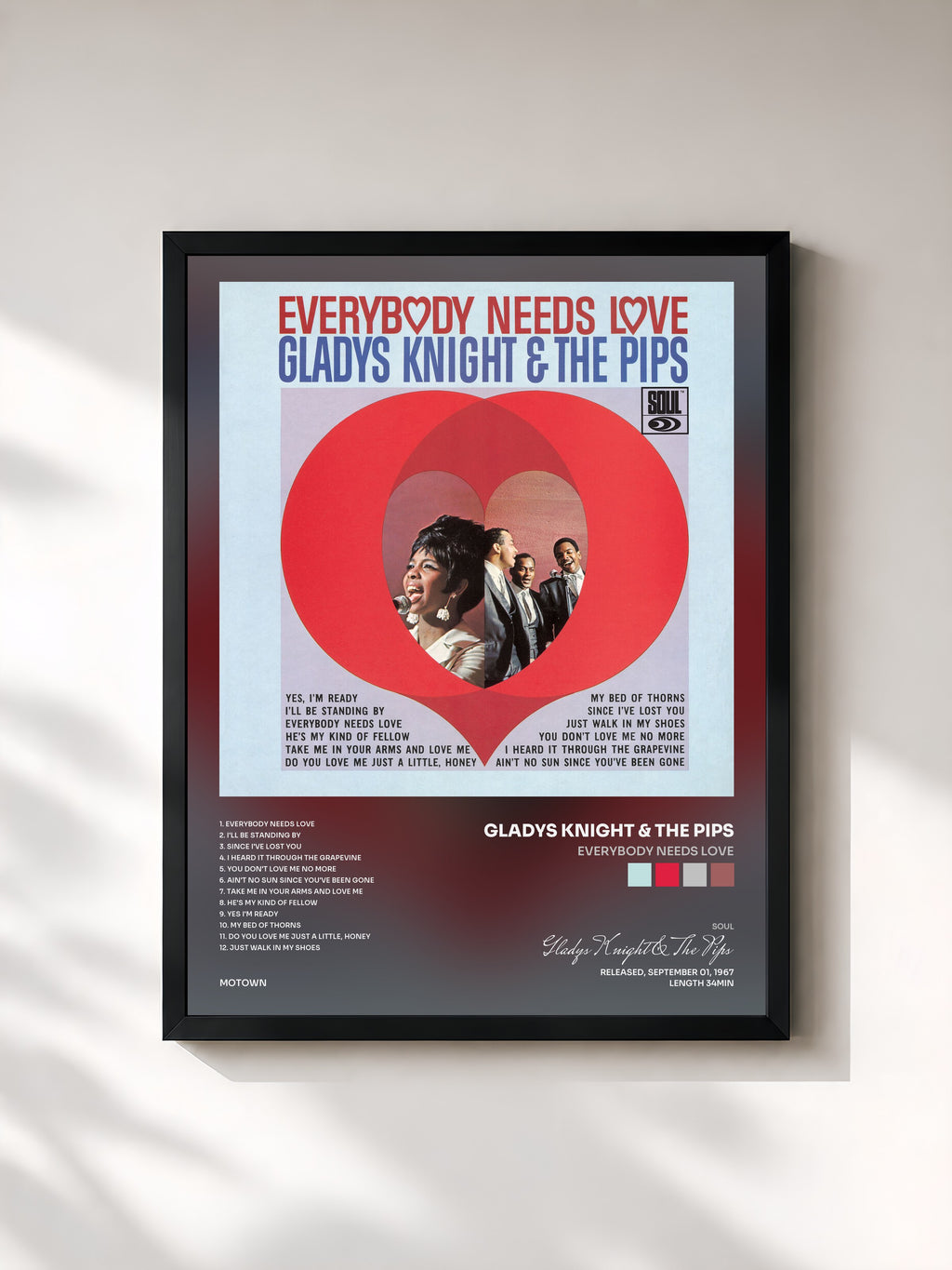 #noir Tableau de l'album Everybody Needs Love de Gladys Knight & The Pips, cadre noir, imprimé et encadré en France