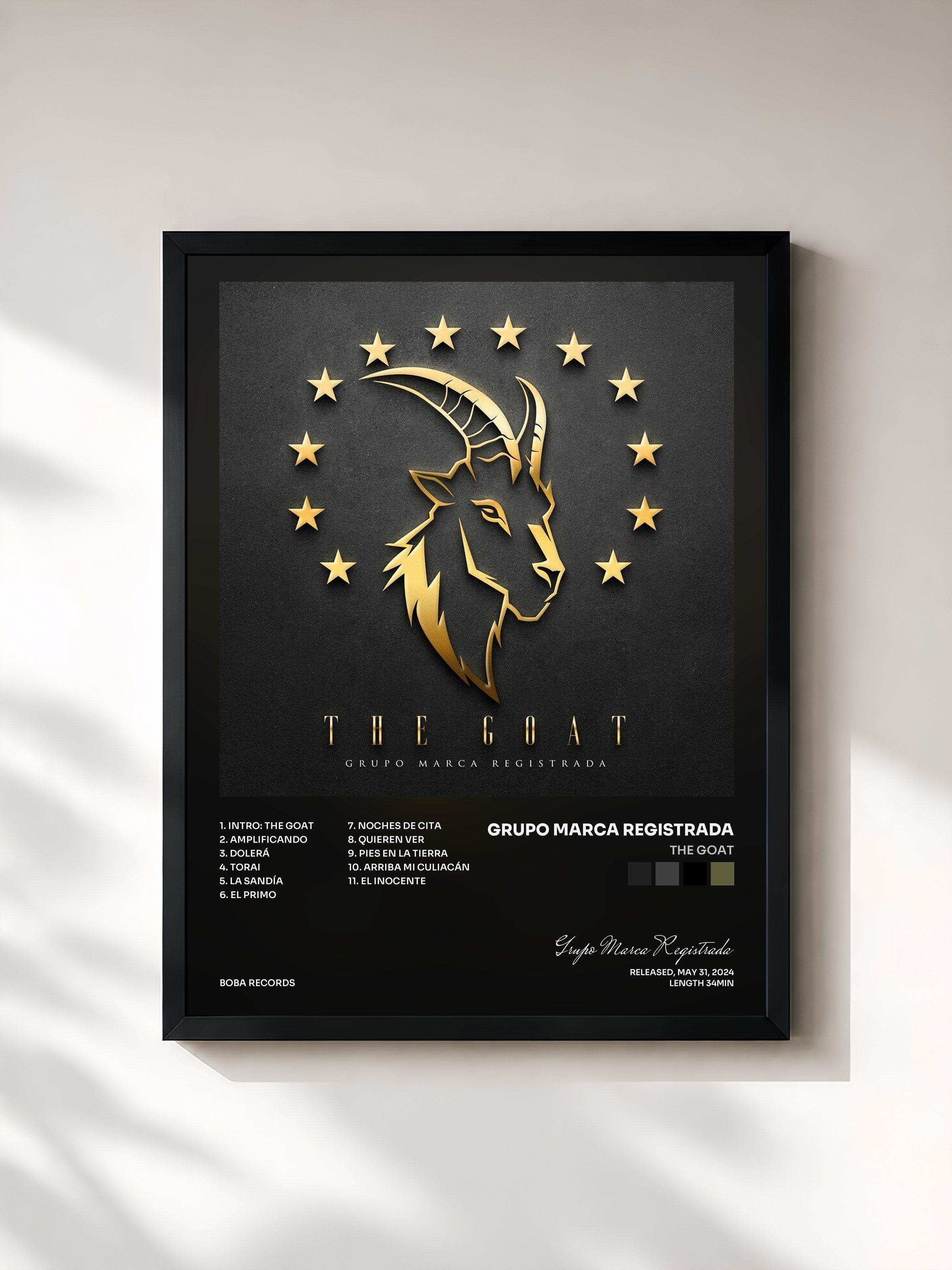 #noir Tableau de l'album THE GOAT de Grupo Marca Registrada, cadre noir, imprimé et encadré en France