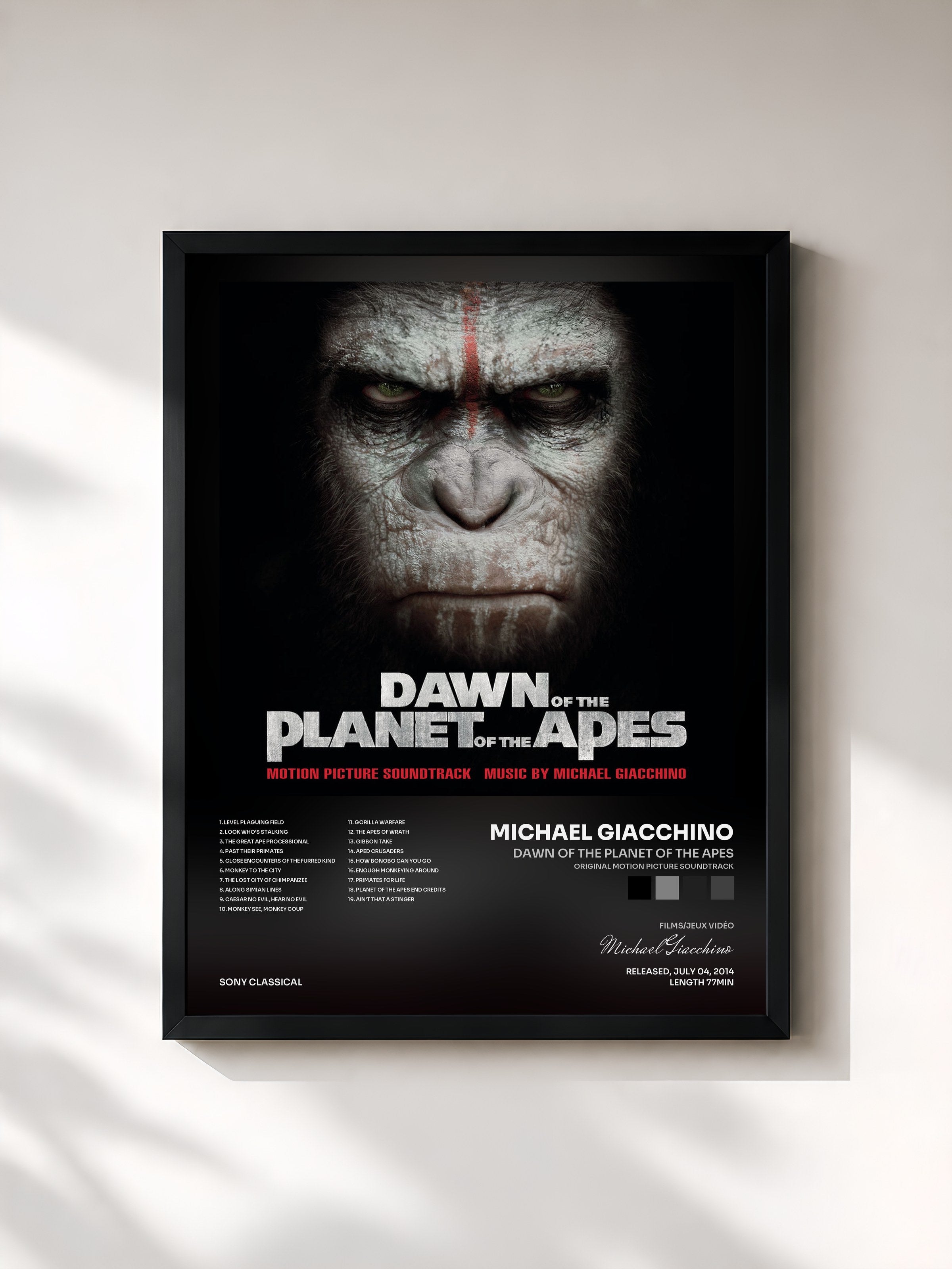 #noir Tableau de l'album Dawn of the Planet of the Apes (Original Motion Picture Soundtrack) de Michael Giacchino, cadre noir, imprimé et encadré en France