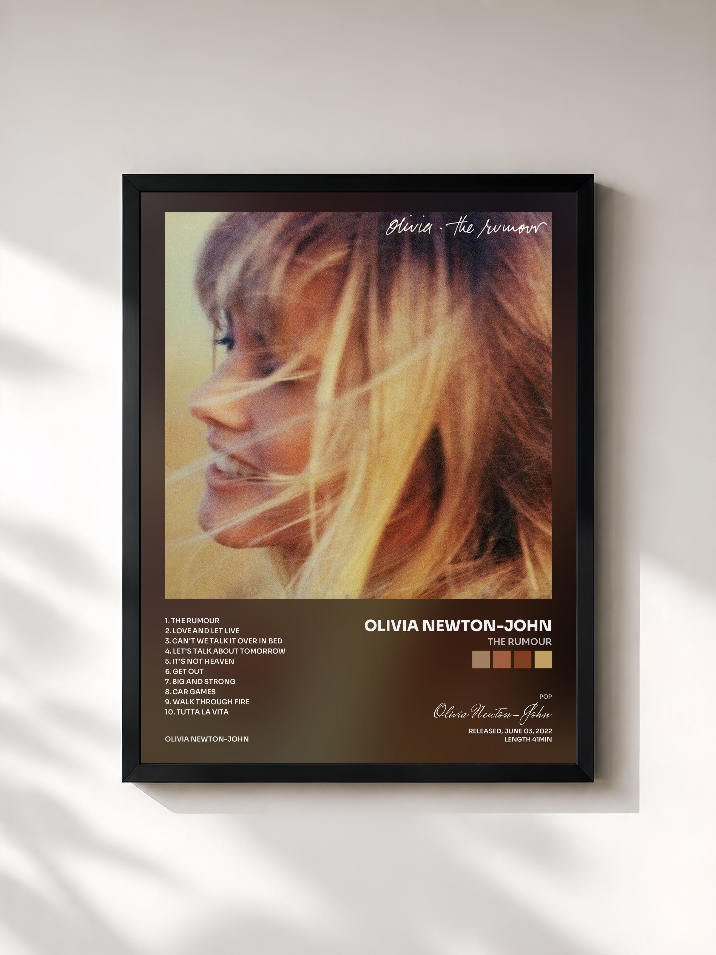 #noir Tableau de l'album The Rumour de Olivia Newton-John, cadre noir, imprimé et encadré en France
