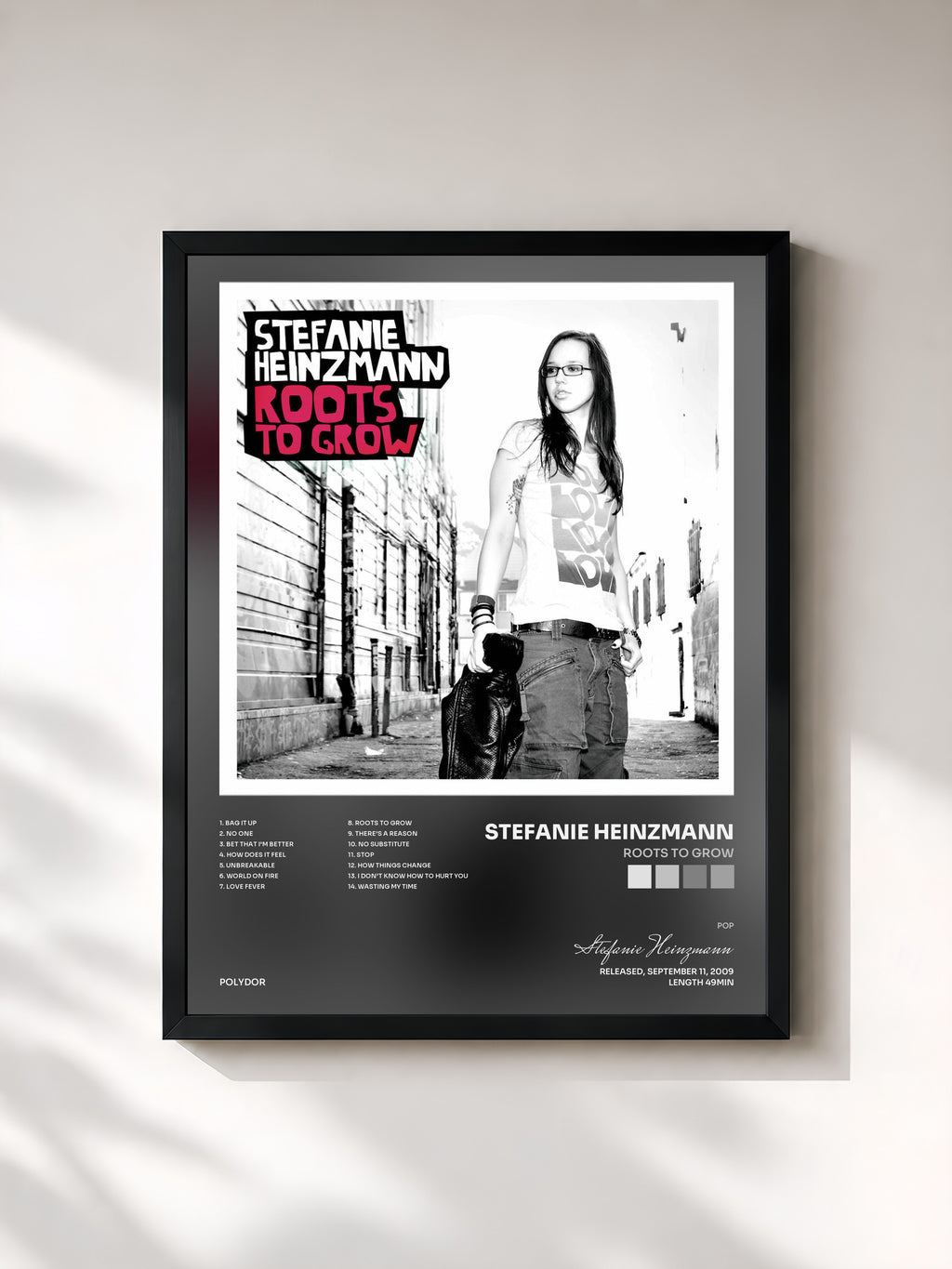#noir Tableau de l'album Roots To Grow de Stefanie Heinzmann, cadre noir, imprimé et encadré en France