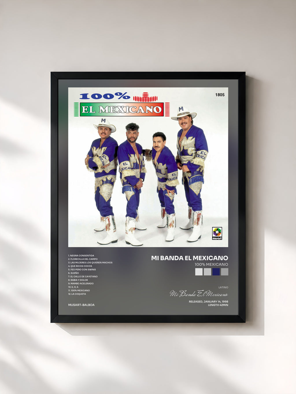 #noir Tableau de l'album 100% Mexicano de Mi Banda El Mexicano, cadre noir, imprimé et encadré en France