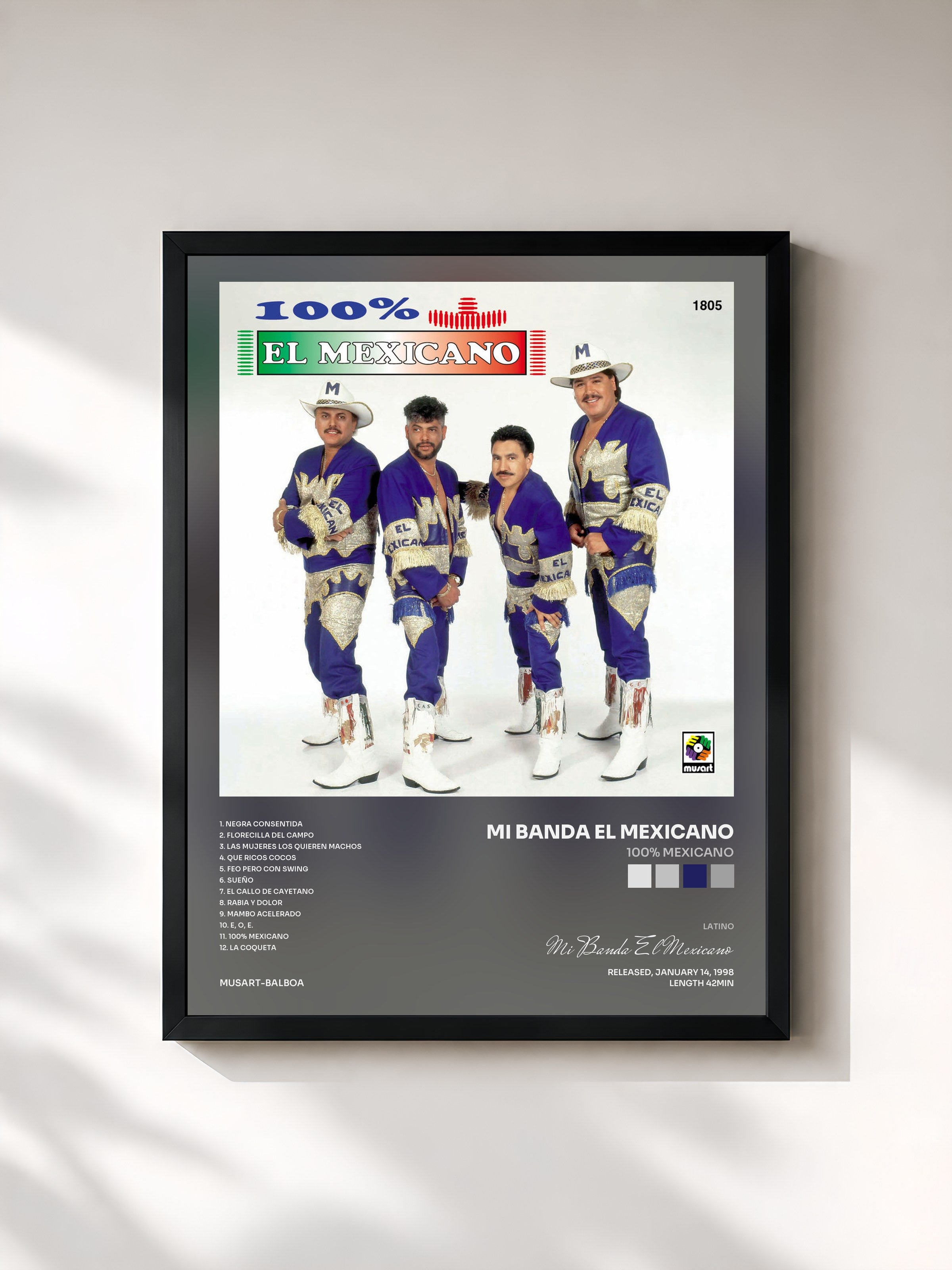 #noir Tableau de l'album 100% Mexicano de Mi Banda El Mexicano, cadre noir, imprimé et encadré en France