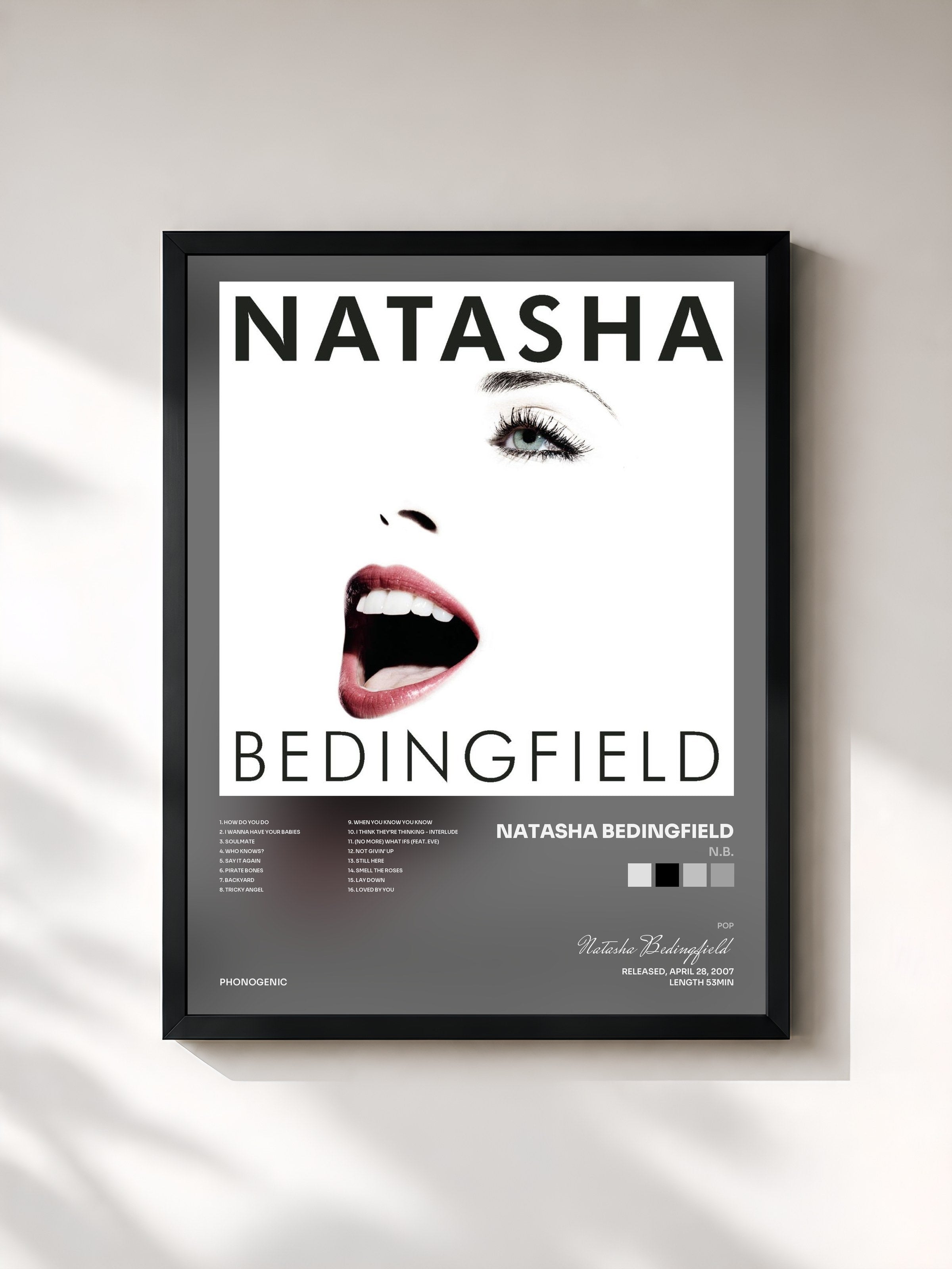#noir Tableau de l'album N.B. de Natasha Bedingfield, cadre noir, imprimé et encadré en France