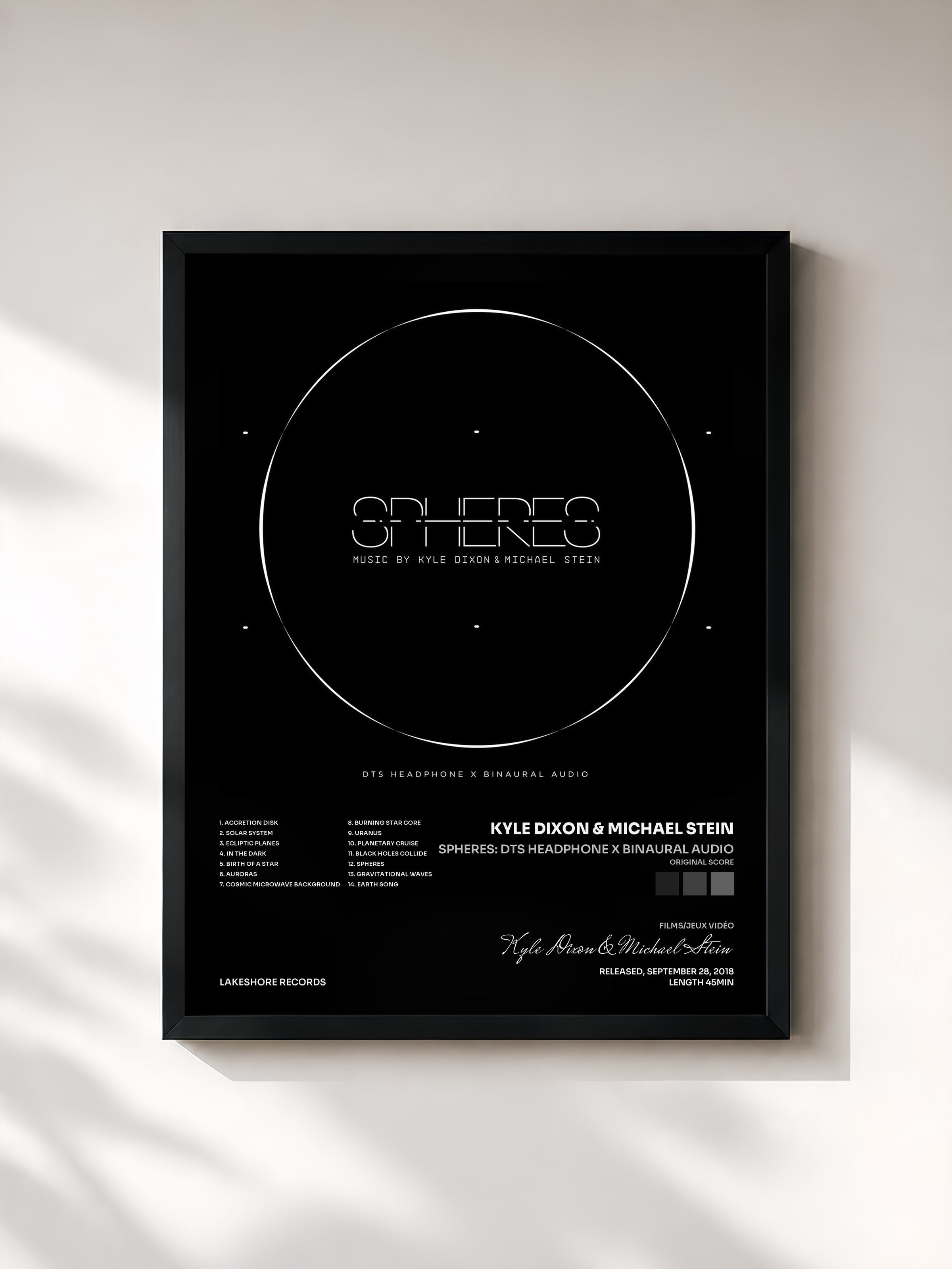 #noir Tableau de l'album Spheres: Dts Headphone X Binaural Audio (Original Score) de Kyle Dixon & Michael Stein, cadre noir, imprimé et encadré en France