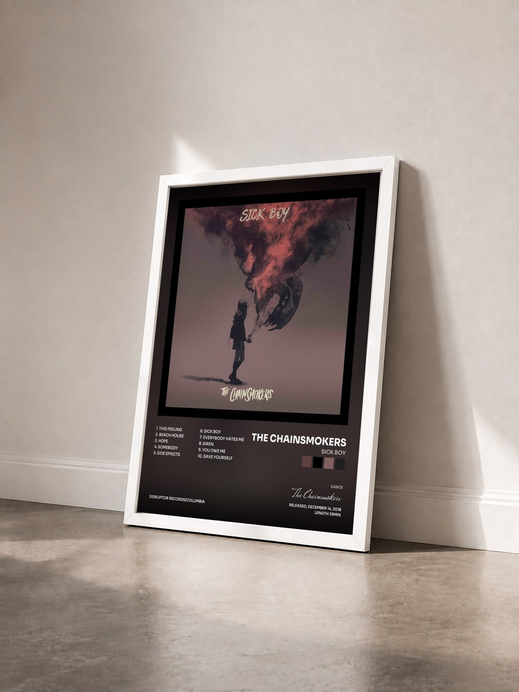 #blanc Tableau de l'album Sick Boy de The Chainsmokers vu de trois quarts, cadre blanc