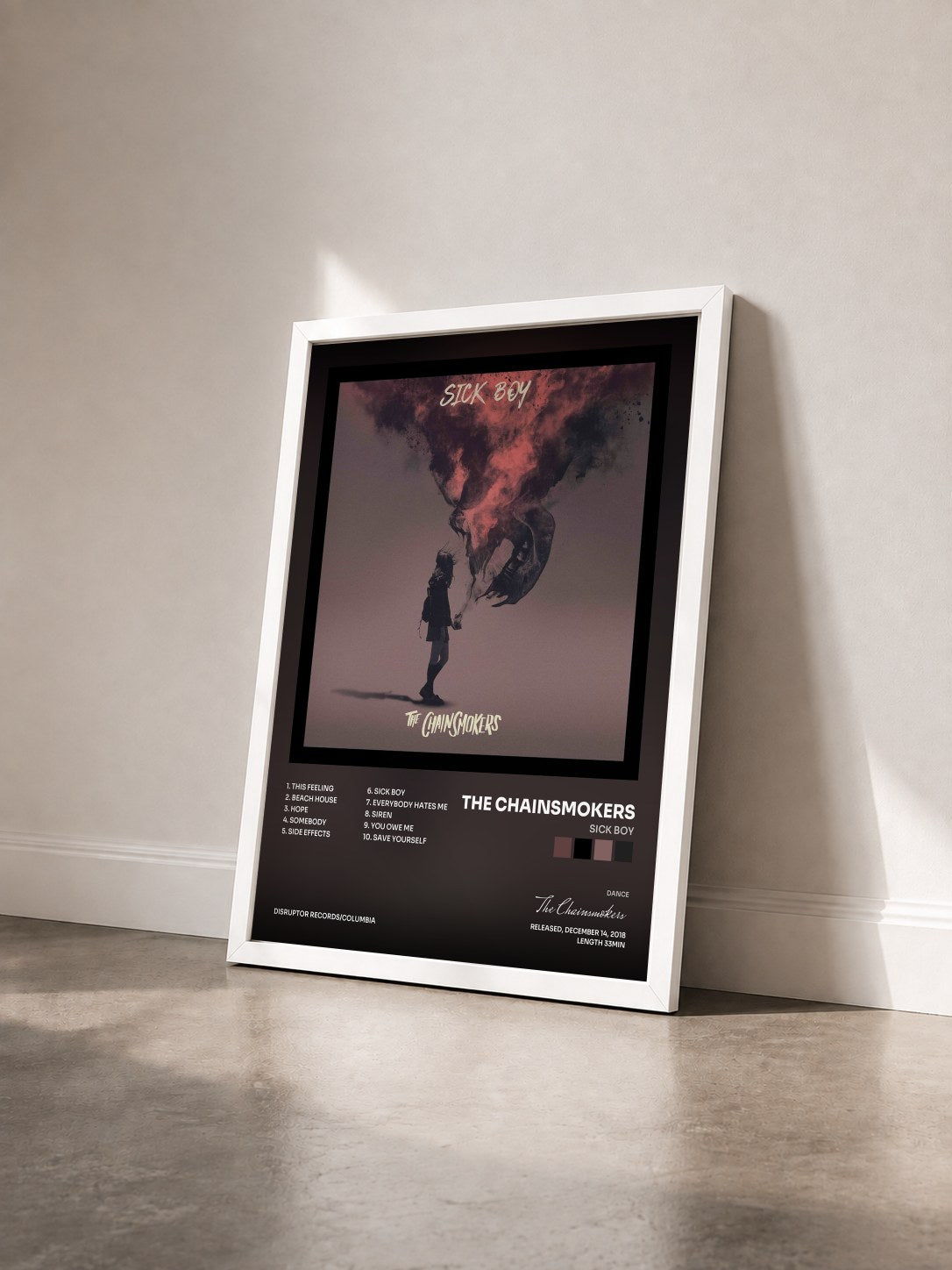 #blanc Tableau de l'album Sick Boy de The Chainsmokers vu de trois quarts, cadre blanc