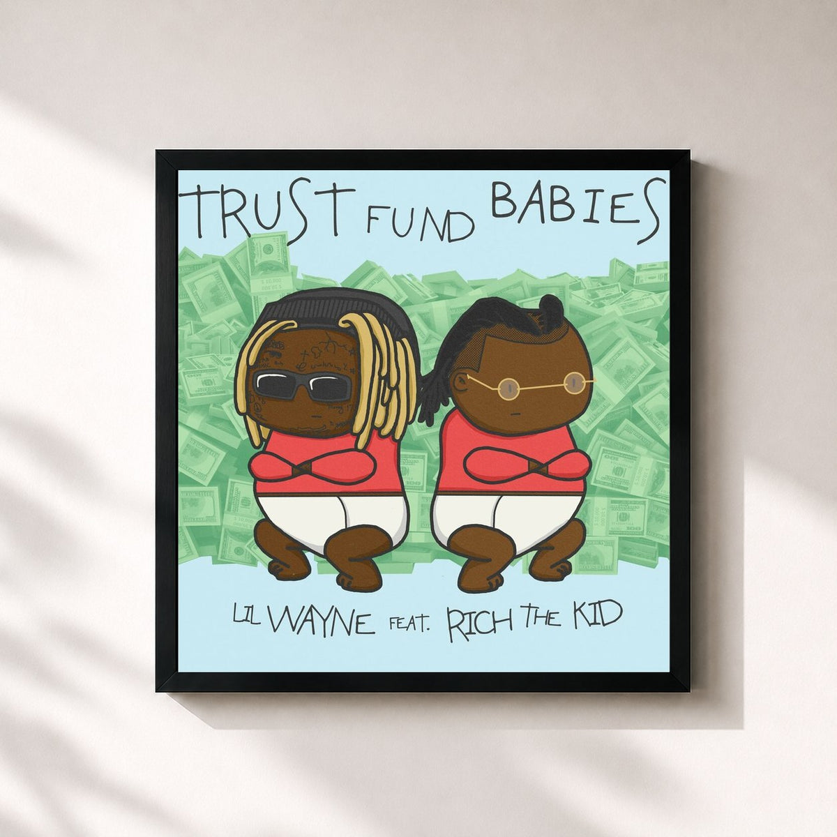 #noir Trust Fund Babies von Lil Wayne als quadratischer Kunstdruck, schwarzer Rahmen 32x32 cm