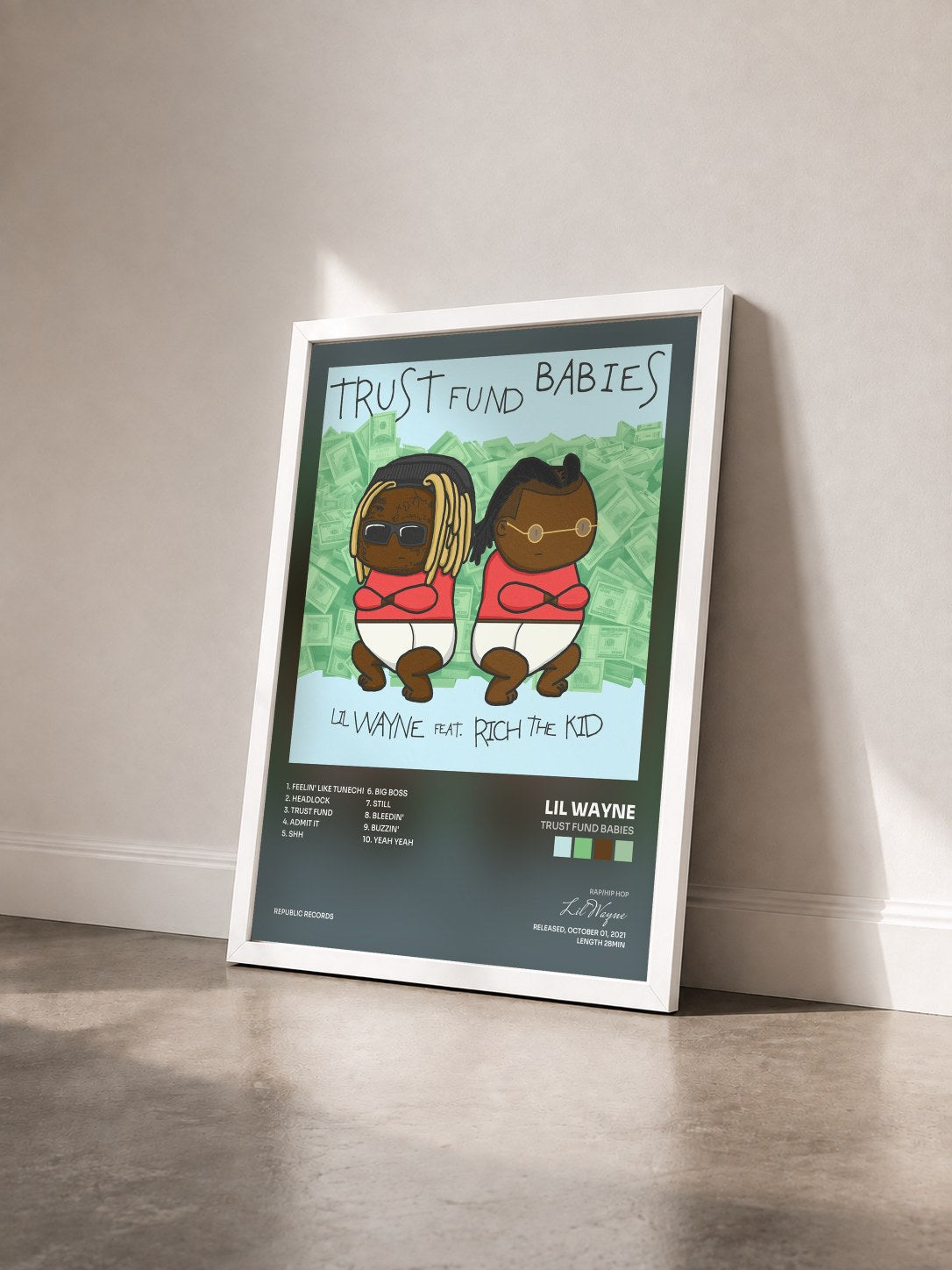 #blanc Trust Fund Babies von Lil Wayne als gerahmter Kunstdruck von schräg gesehen, weißer Rahmen