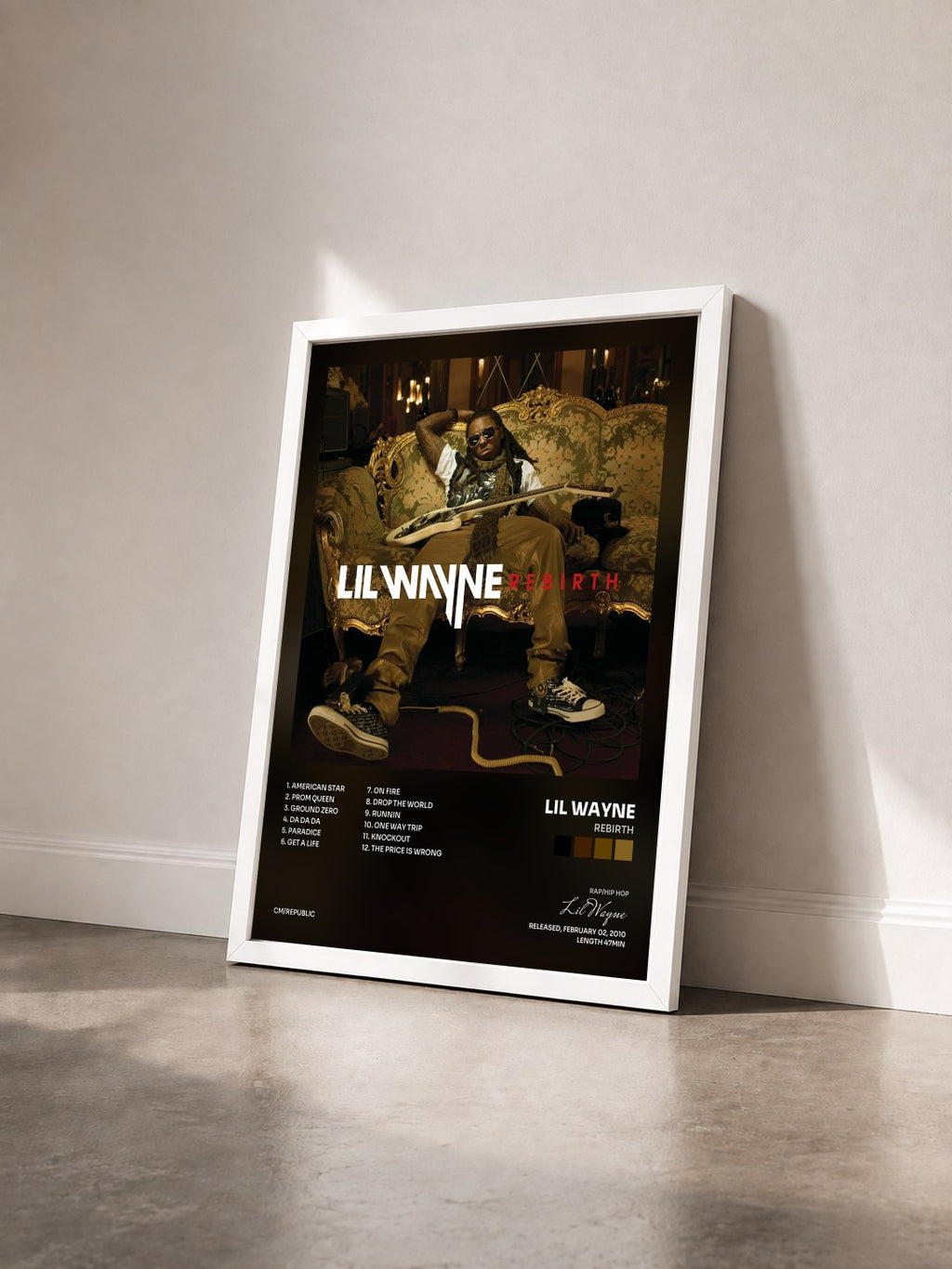 #blanc Rebirth de Lil Wayne en lámina enmarcada vista de tres cuartos, marco blanco