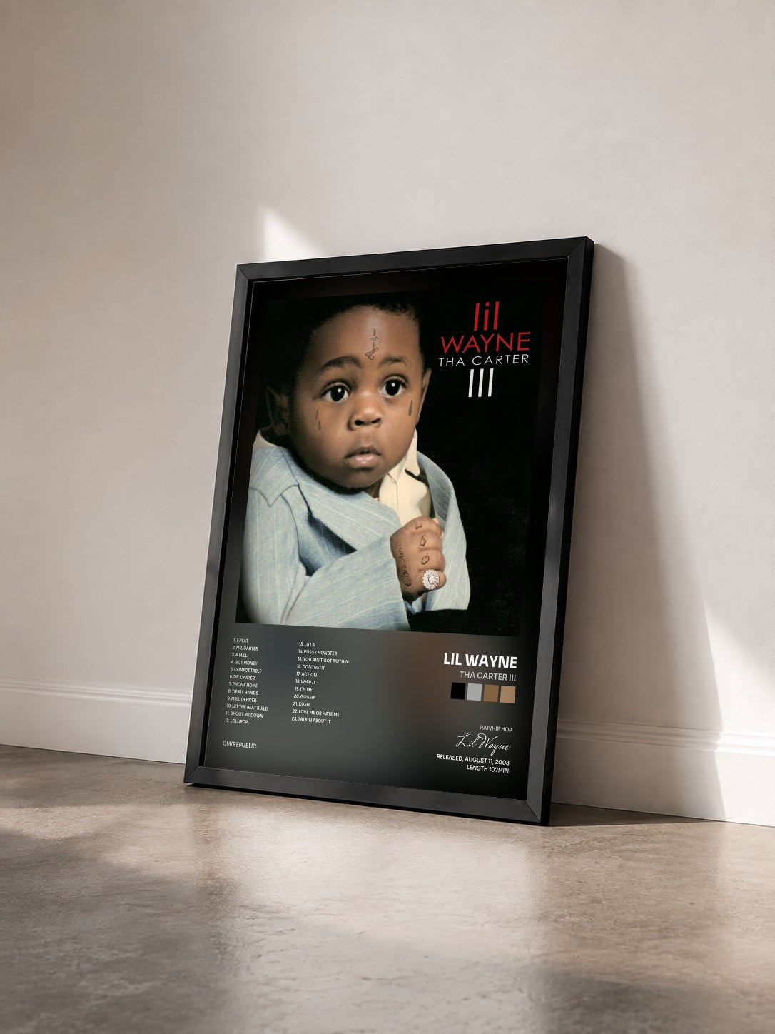 #noir Tableau de l'album Tha Carter III de Lil Wayne vu de trois quarts, cadre noir