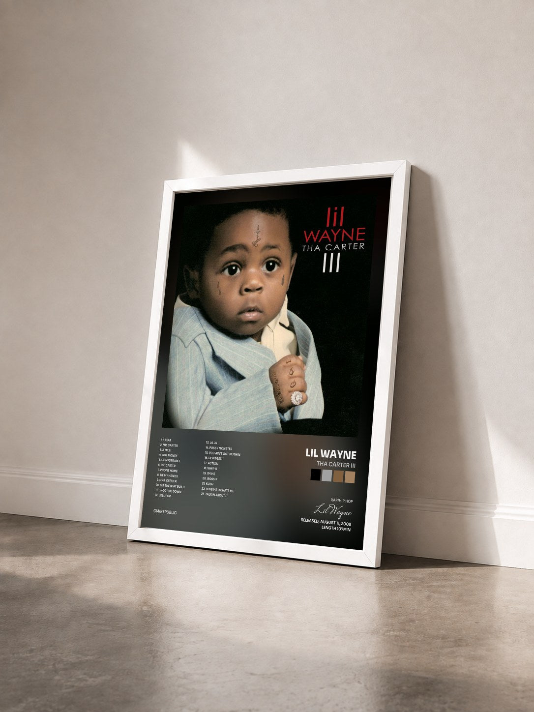 #blanc Tableau de l'album Tha Carter III de Lil Wayne vu de trois quarts, cadre blanc