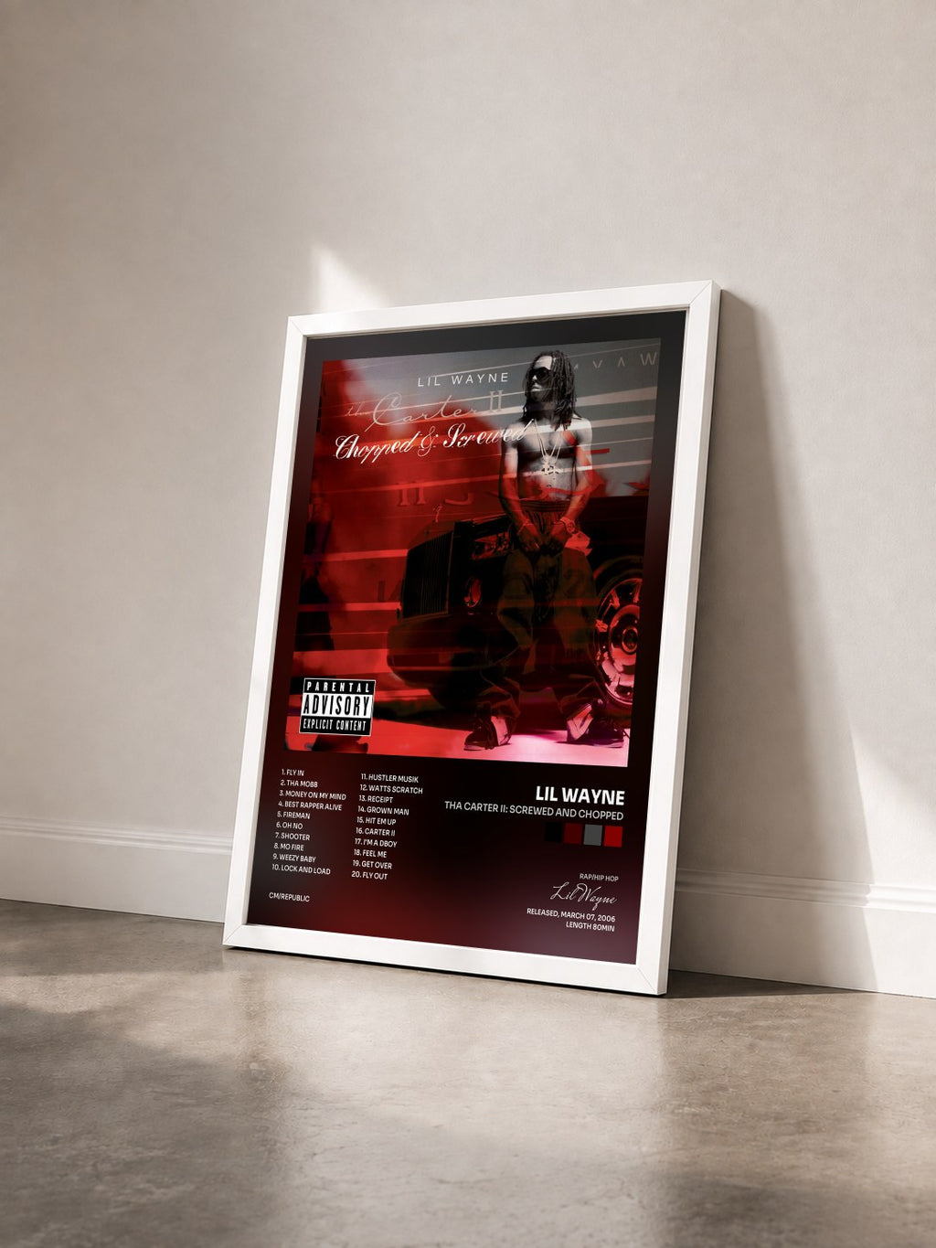 #blanc Tha Carter II: Screwed And Chopped di Lil Wayne in stampa incorniciata vista di tre quarti, cornice bianca