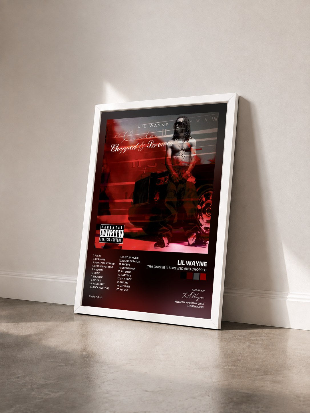 #blanc Tha Carter II: Screwed And Chopped von Lil Wayne als gerahmter Kunstdruck von schräg gesehen, weißer Rahmen