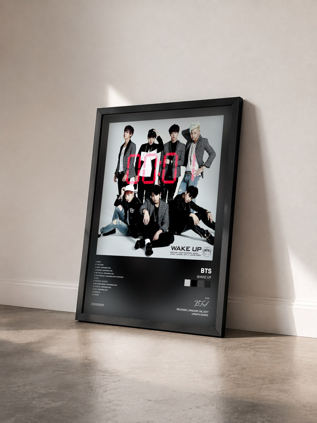 #noir WAKE UP by BTS as a framed art print seen at an angle, black frame