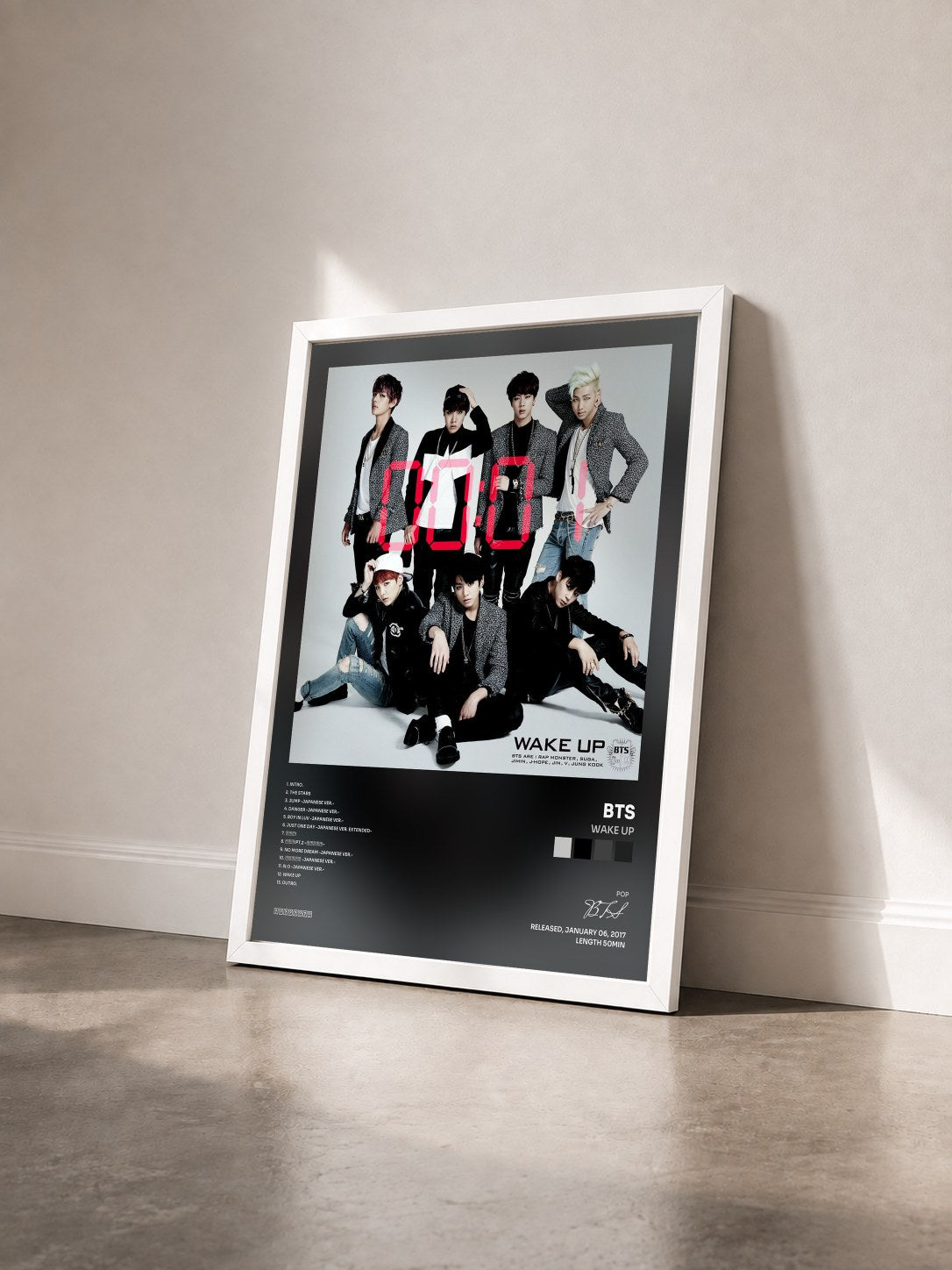 #blanc WAKE UP by BTS as a framed art print seen at an angle, white frame