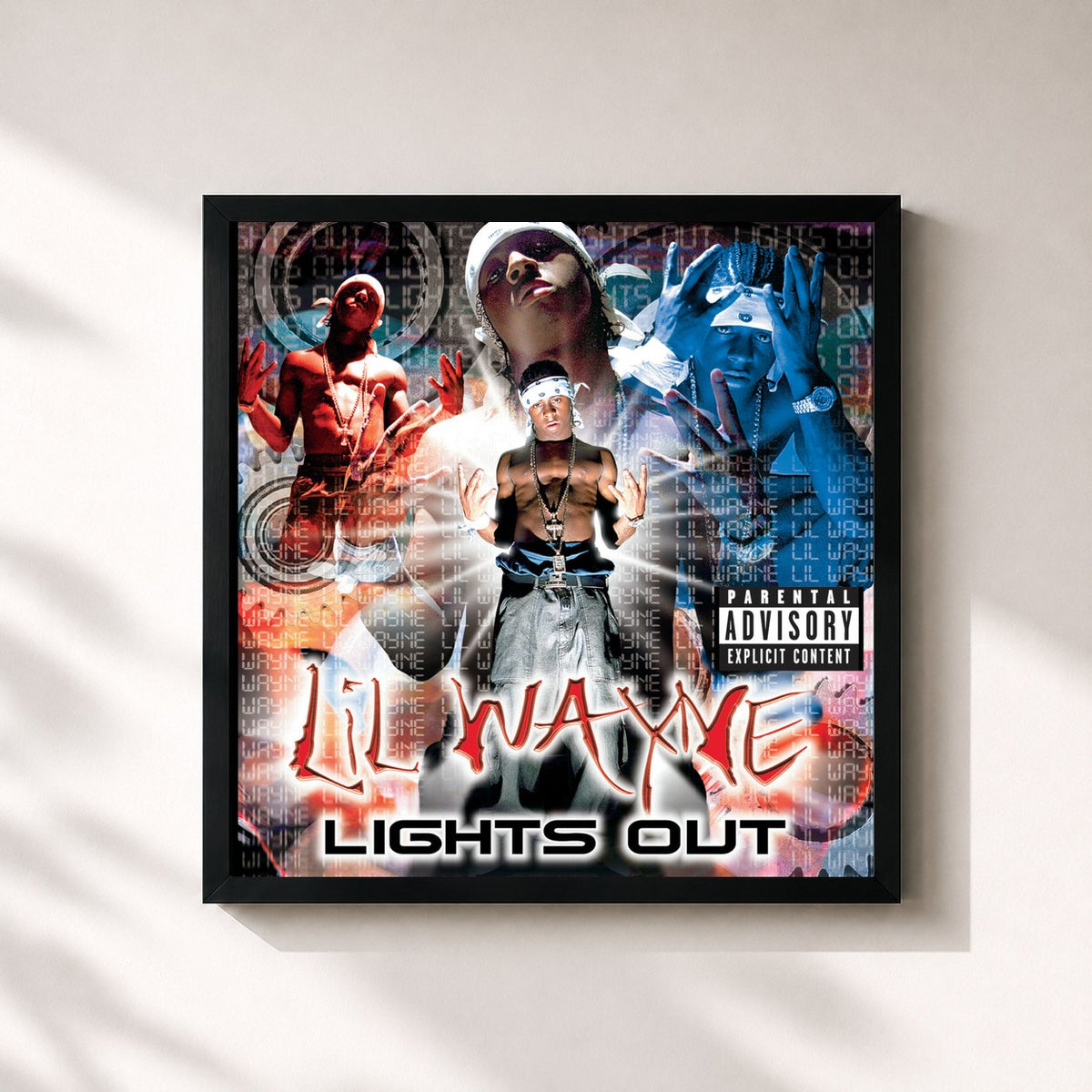 #noir Lights Out von Lil Wayne als quadratischer Kunstdruck, schwarzer Rahmen 32x32 cm