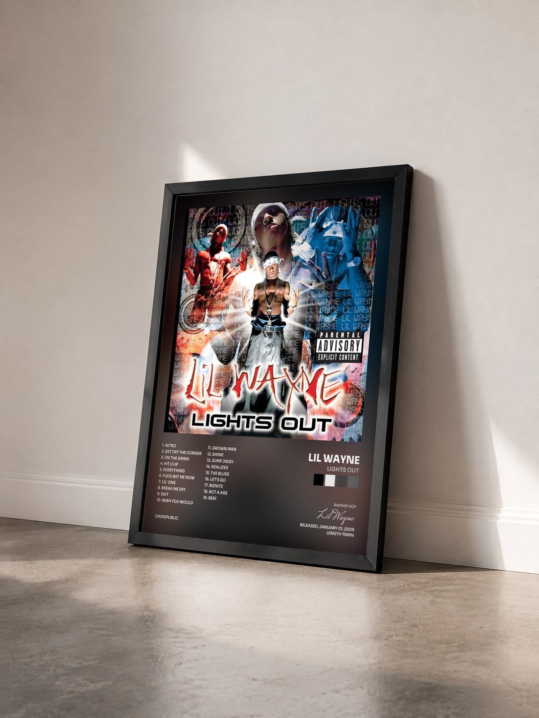 #noir Lights Out von Lil Wayne als gerahmter Kunstdruck von schräg gesehen, schwarzer Rahmen