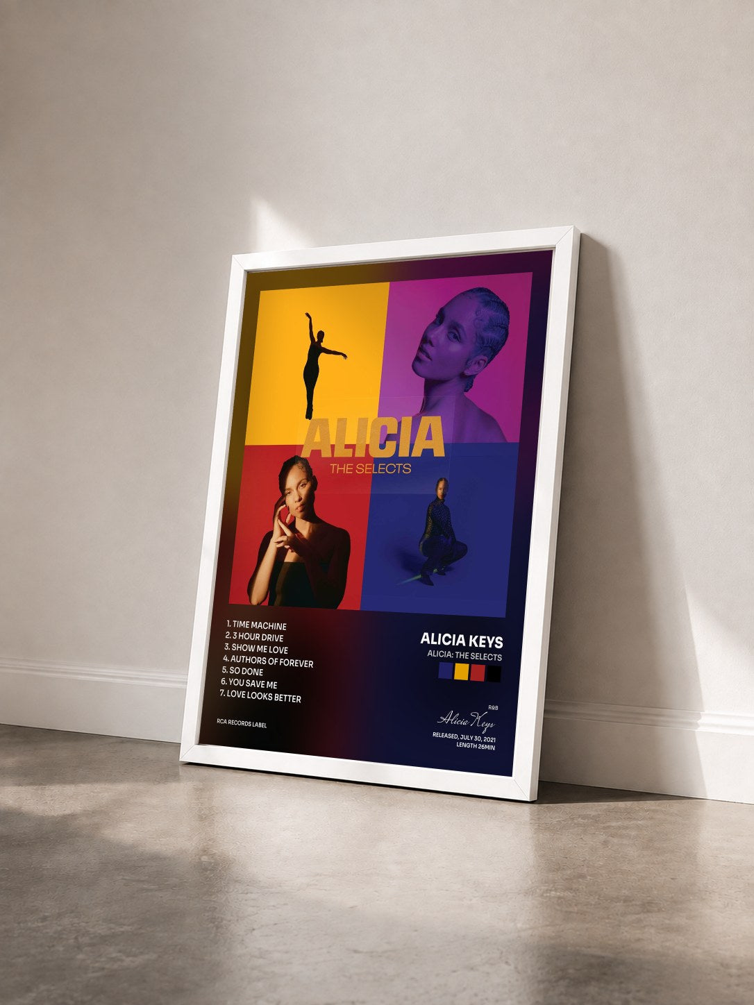 #blanc Tableau de l'album ALICIA: The Selects de Alicia Keys vu de trois quarts, cadre blanc