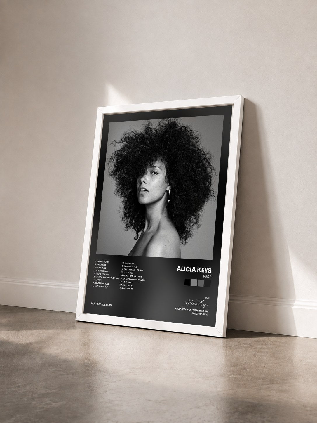 #blanc Tableau de l'album HERE de Alicia Keys vu de trois quarts, cadre blanc