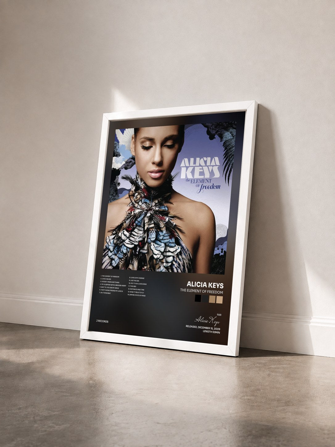 #blanc Tableau de l'album The Element Of Freedom de Alicia Keys vu de trois quarts, cadre blanc