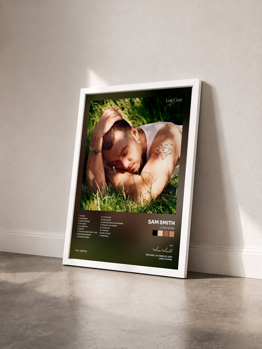 #blanc Tableau de l'album Love Goes de Sam Smith vu de trois quarts, cadre blanc