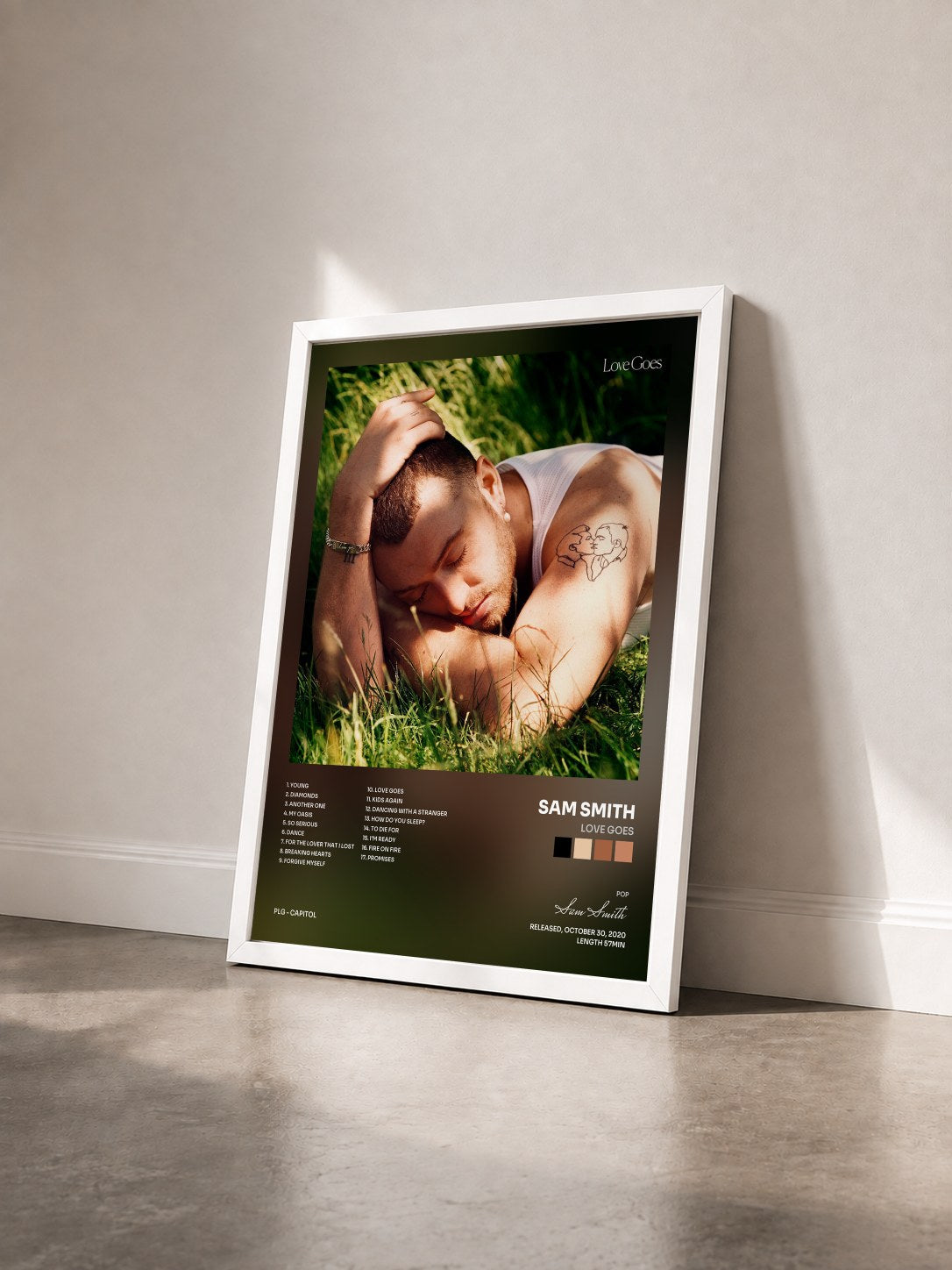 #blanc Tableau de l'album Love Goes de Sam Smith vu de trois quarts, cadre blanc