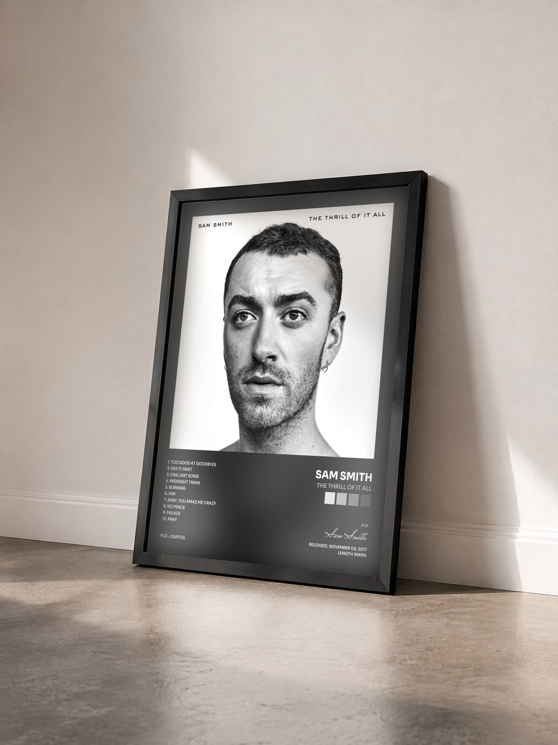 #noir Tableau de l'album The Thrill Of It All de Sam Smith vu de trois quarts, cadre noir