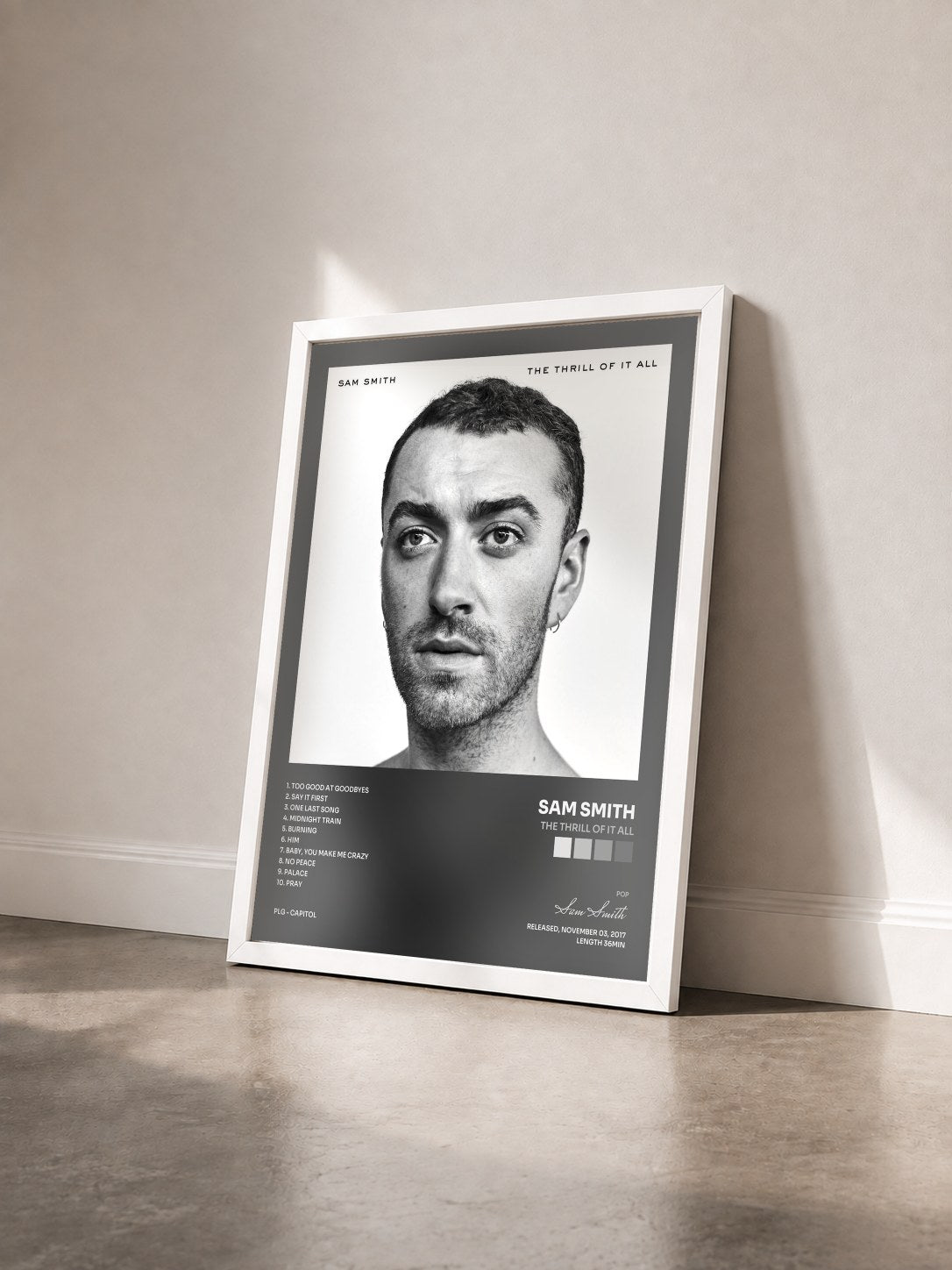 #blanc Tableau de l'album The Thrill Of It All de Sam Smith vu de trois quarts, cadre blanc