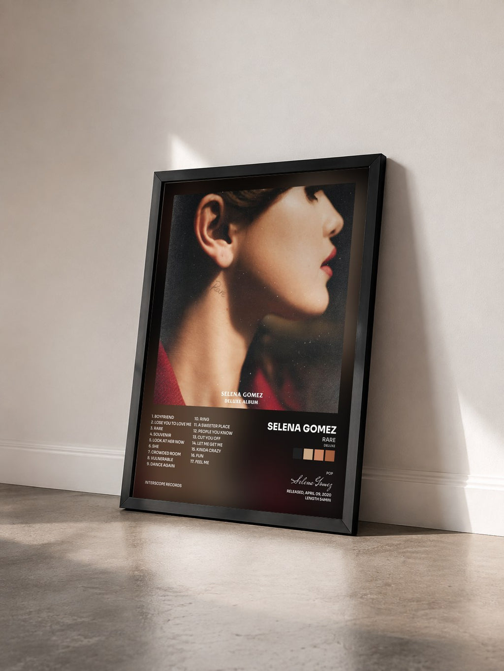 #noir Rare (Deluxe) by Selena Gomez as a framed art print seen at an angle, black frame