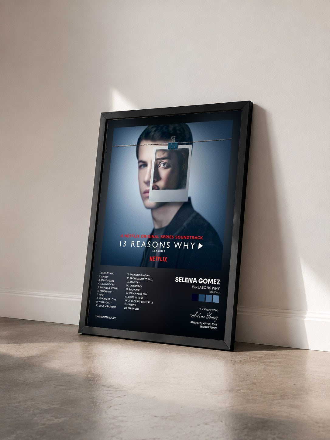 #noir 13 Reasons Why (Season 2) by Selena Gomez as a framed art print seen at an angle, black frame