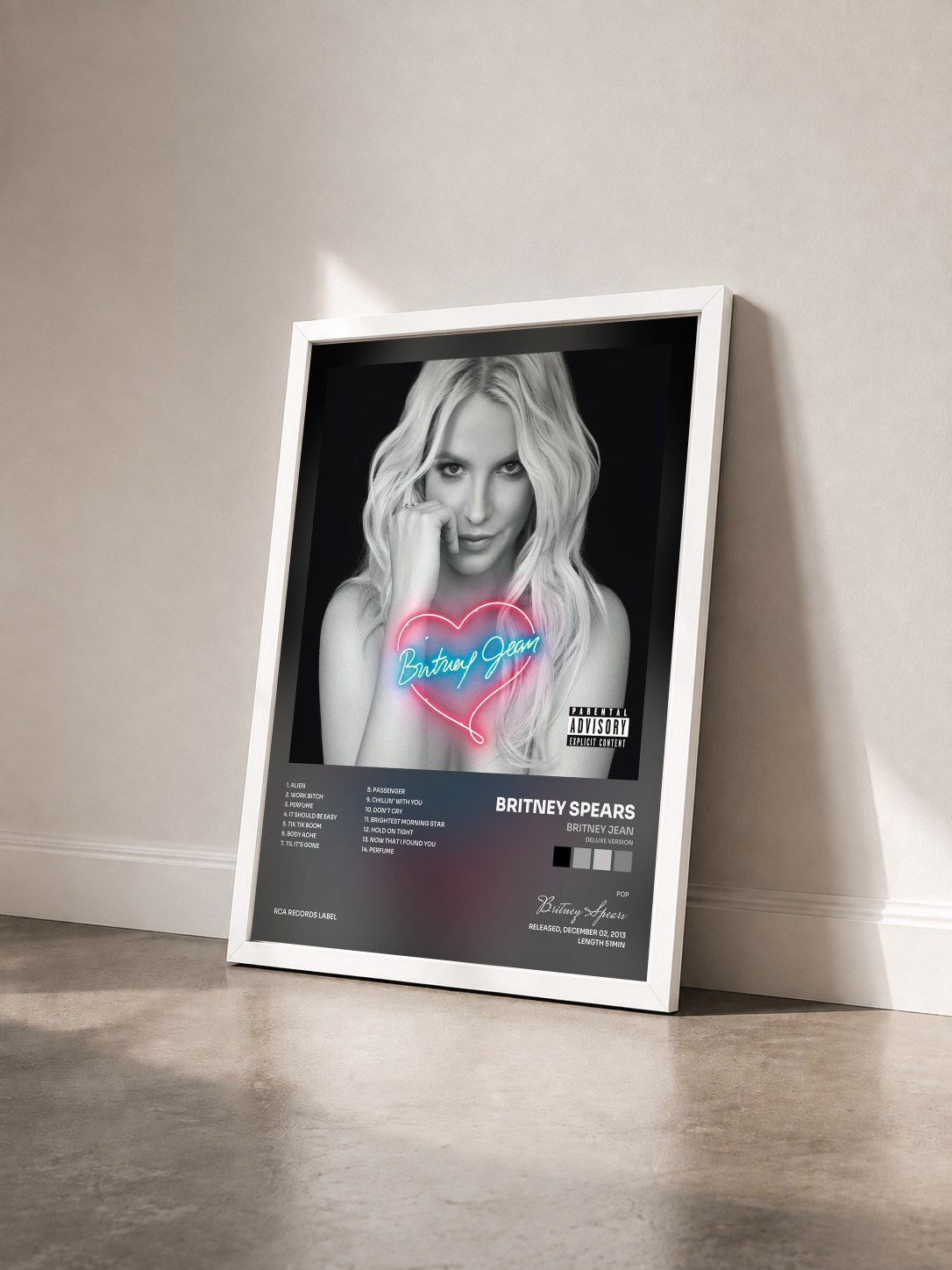 #blanc Britney Jean (Deluxe Version) de Britney Spears en lámina enmarcada vista de tres cuartos, marco blanco