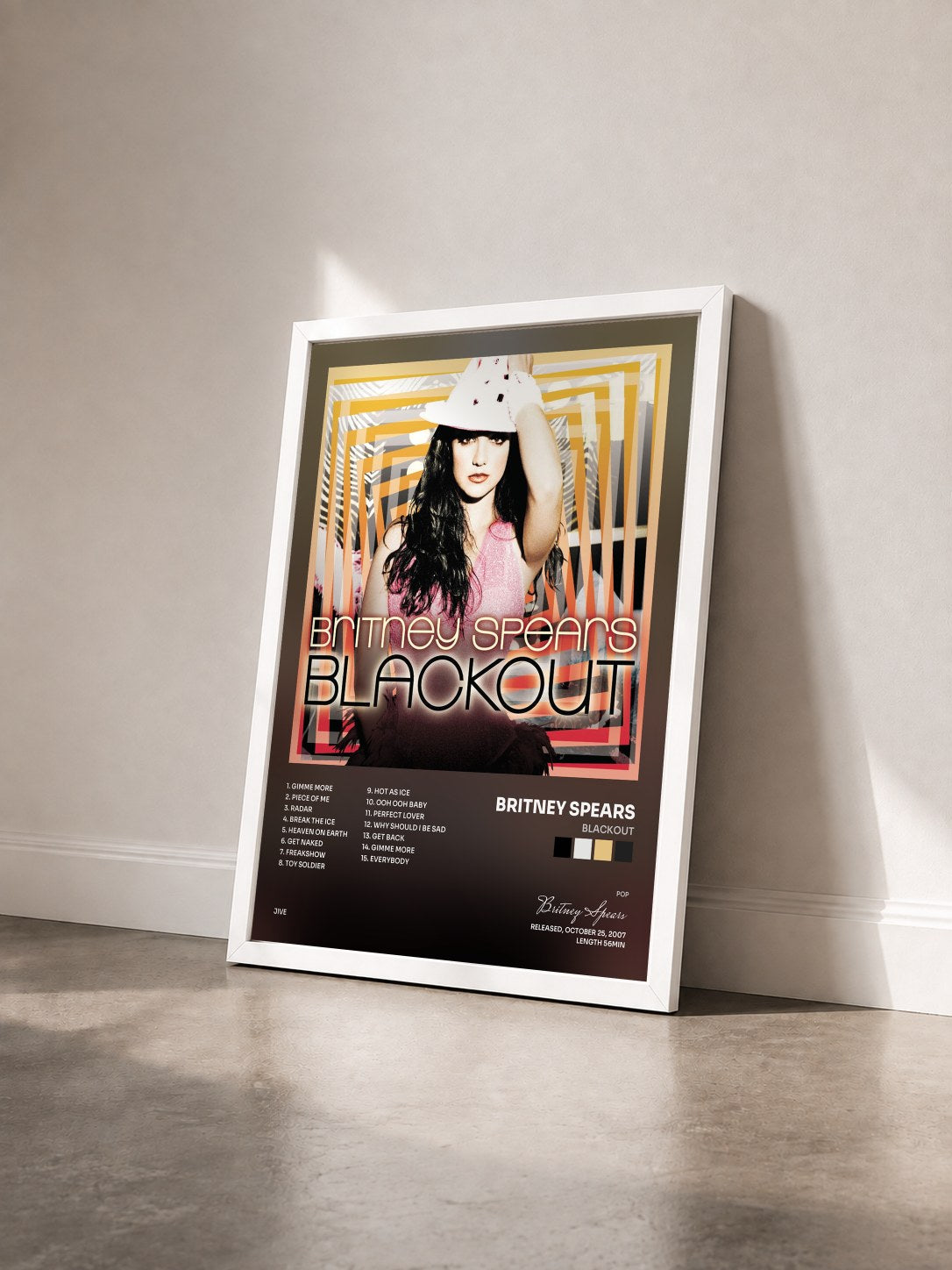 #blanc Tableau de l'album Blackout de Britney Spears vu de trois quarts, cadre blanc