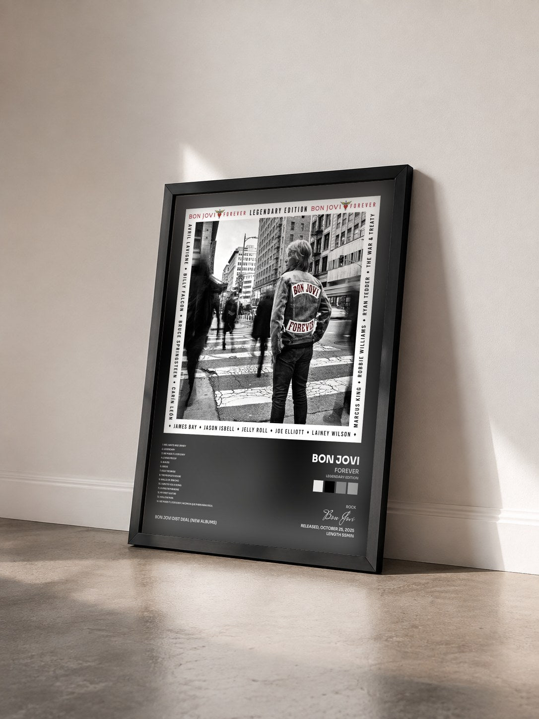 #noir Forever (Legendary Edition) by Bon Jovi as a framed art print seen at an angle, black frame