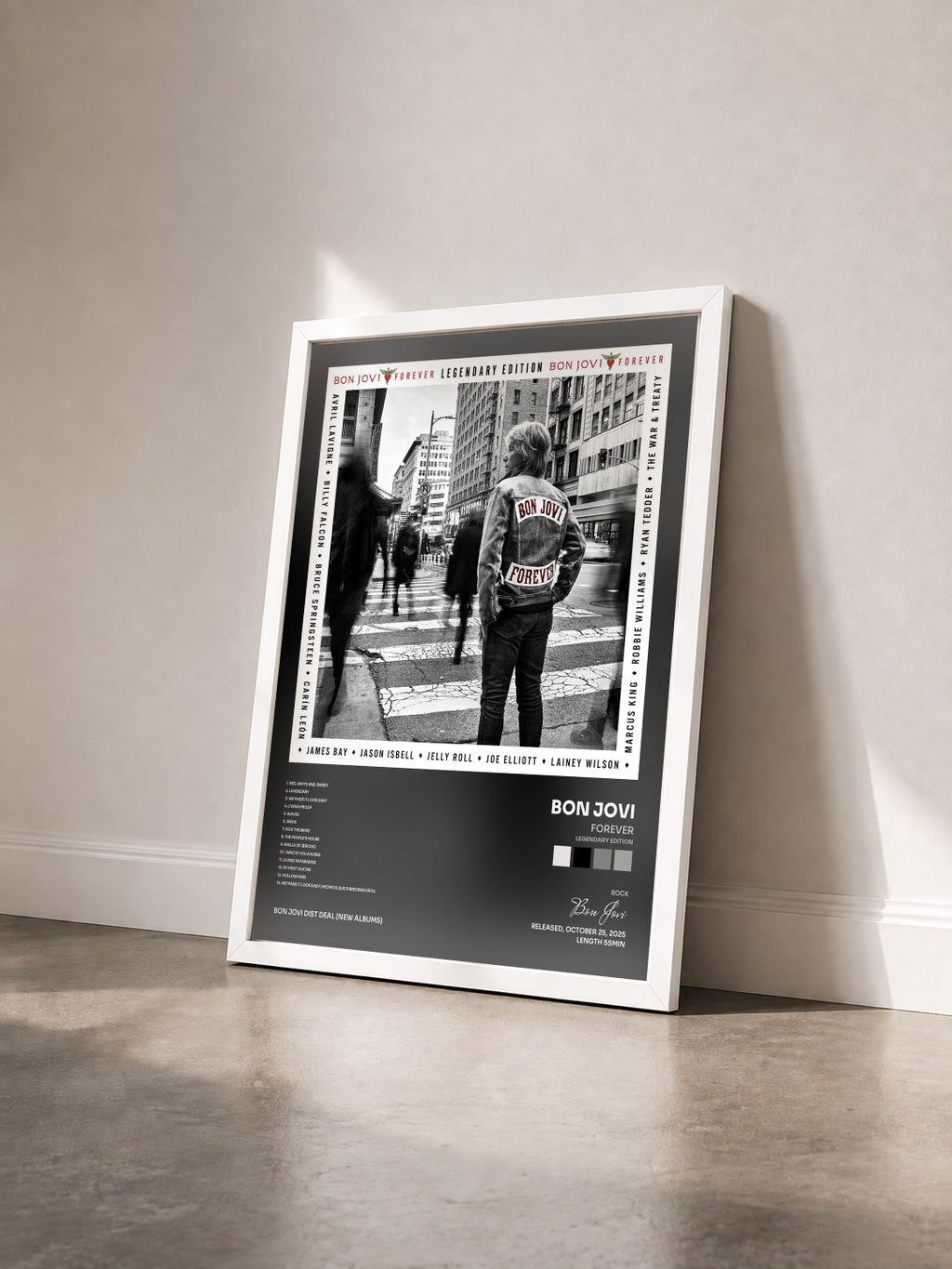#blanc Tableau de l'album Forever (Legendary Edition) de Bon Jovi vu de trois quarts, cadre blanc