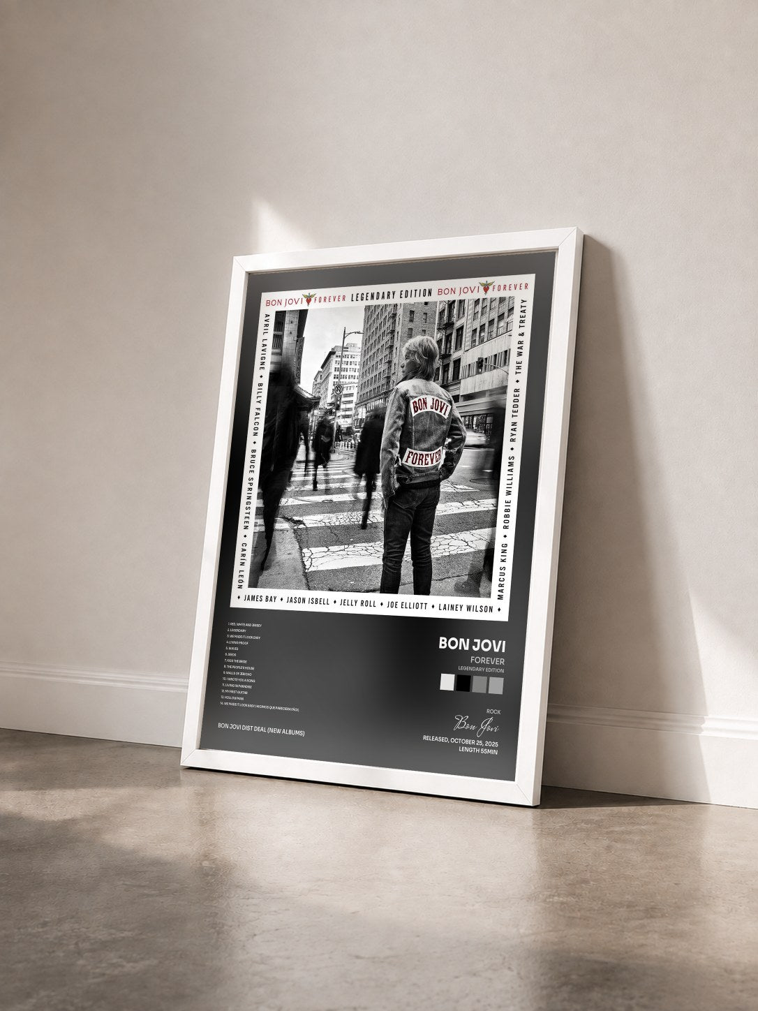 #blanc Forever (Legendary Edition) by Bon Jovi as a framed art print seen at an angle, white frame