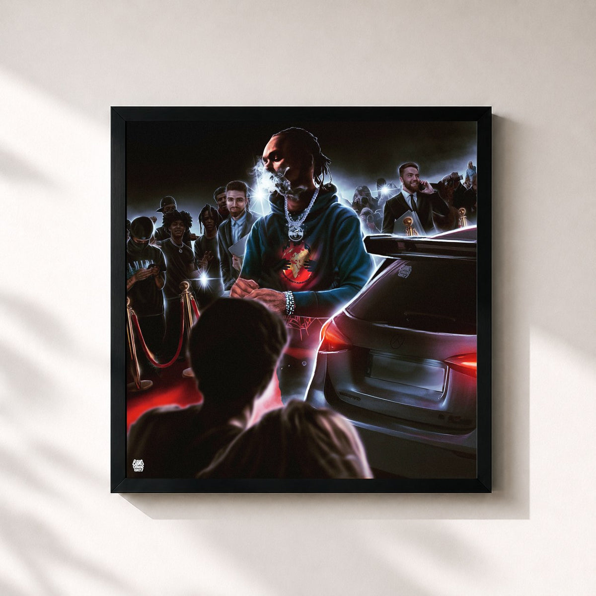 #noir LA QUOIII ? von Nono La Grinta als quadratischer Kunstdruck, schwarzer Rahmen 32x32 cm