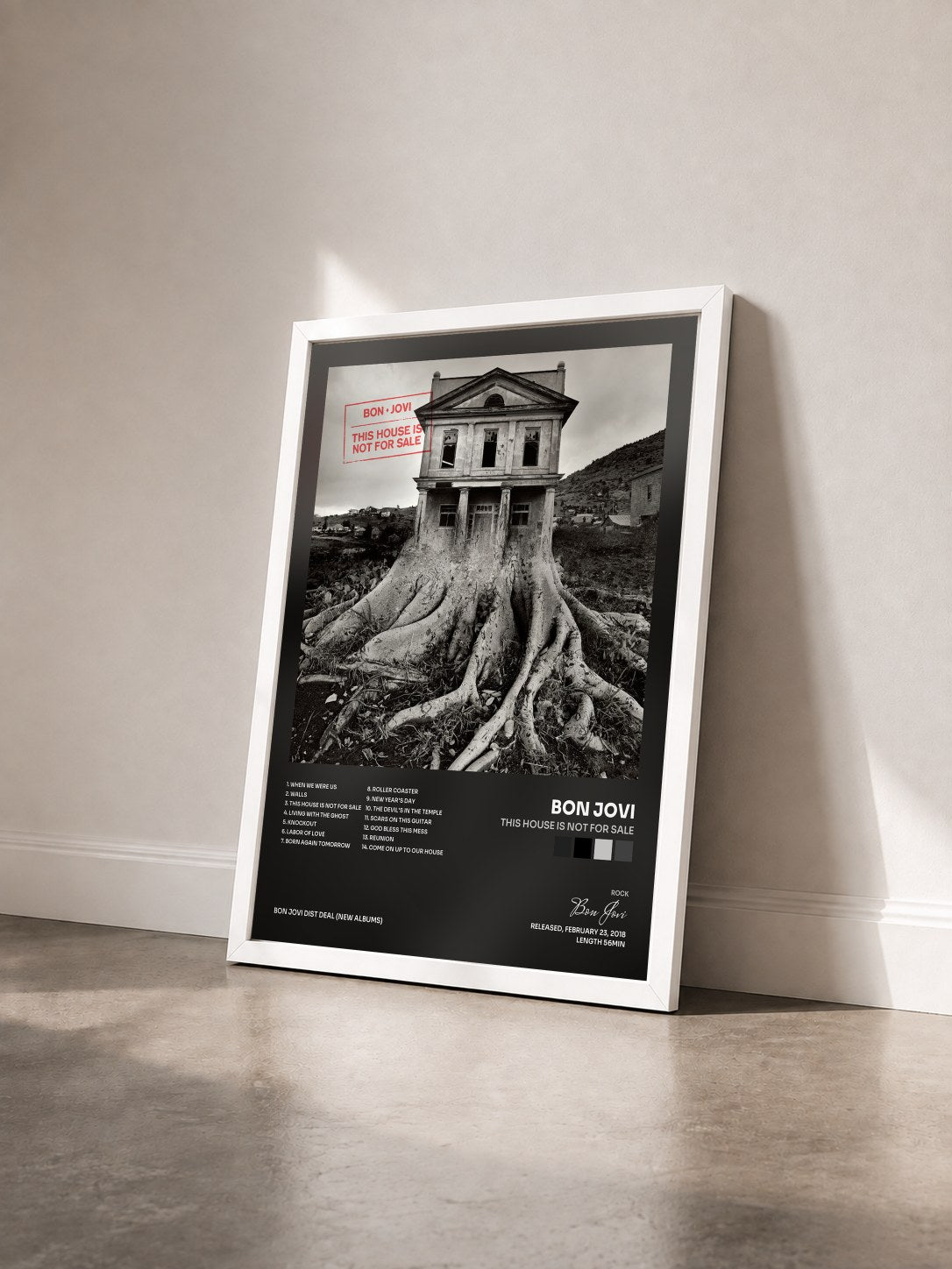#blanc This House Is Not For Sale by Bon Jovi as a framed art print seen at an angle, white frame