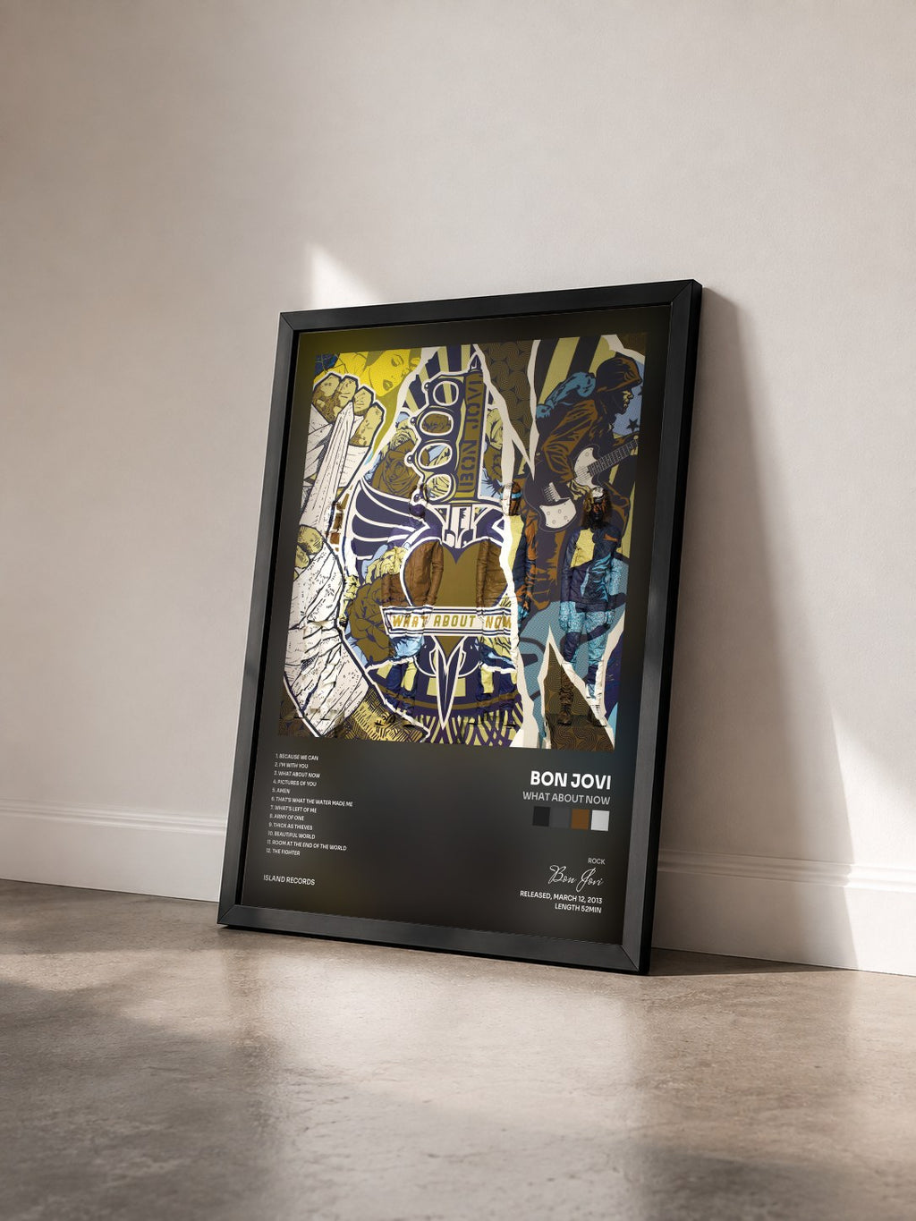 #noir What About Now by Bon Jovi as a framed art print seen at an angle, black frame