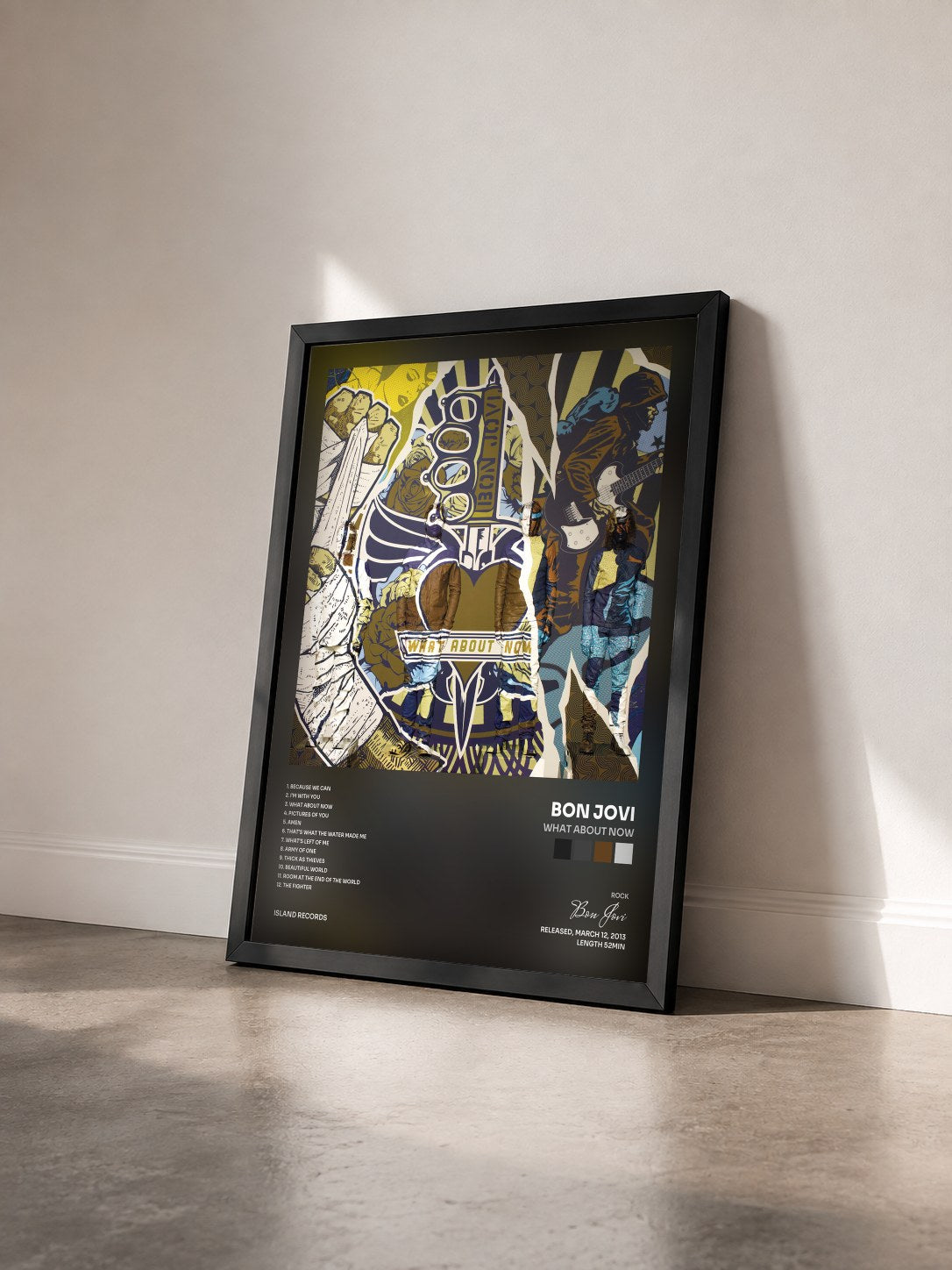 #noir What About Now by Bon Jovi as a framed art print seen at an angle, black frame