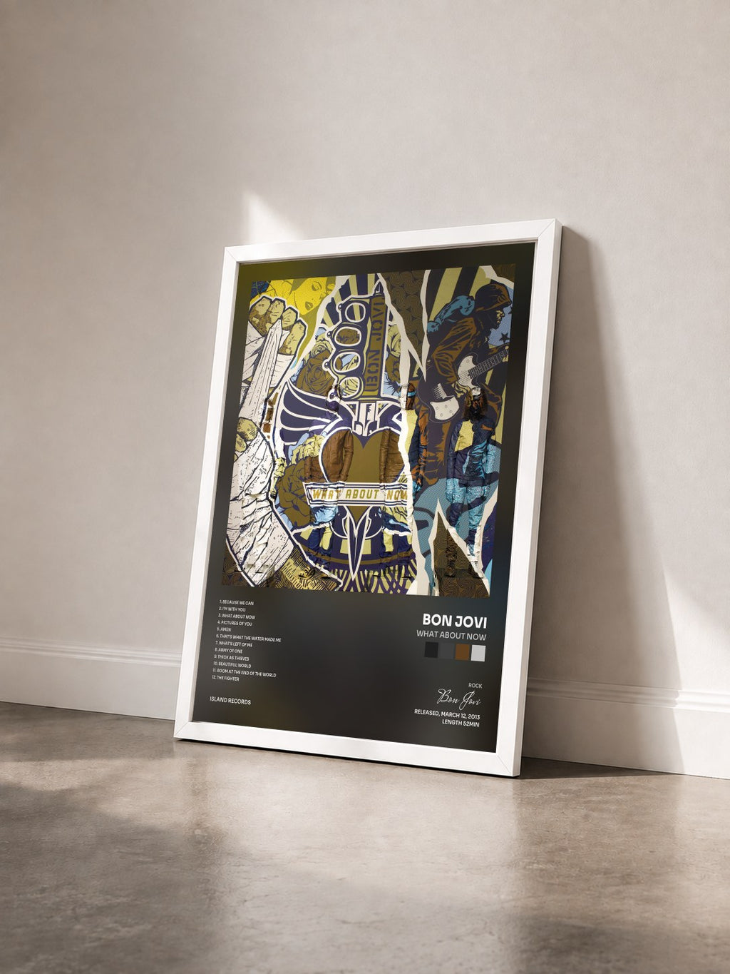 #blanc What About Now by Bon Jovi as a framed art print seen at an angle, white frame