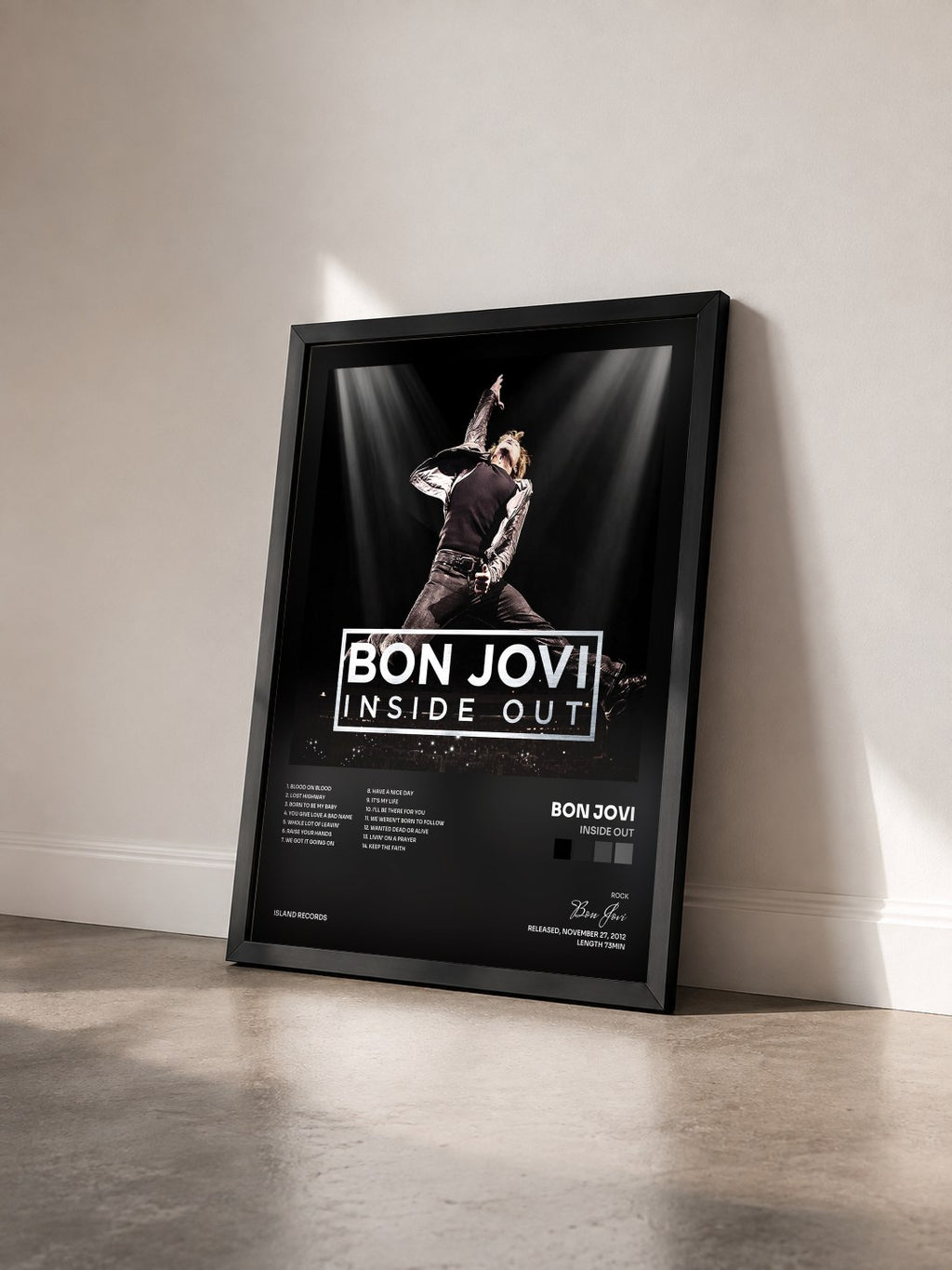 #noir Inside Out by Bon Jovi as a framed art print seen at an angle, black frame
