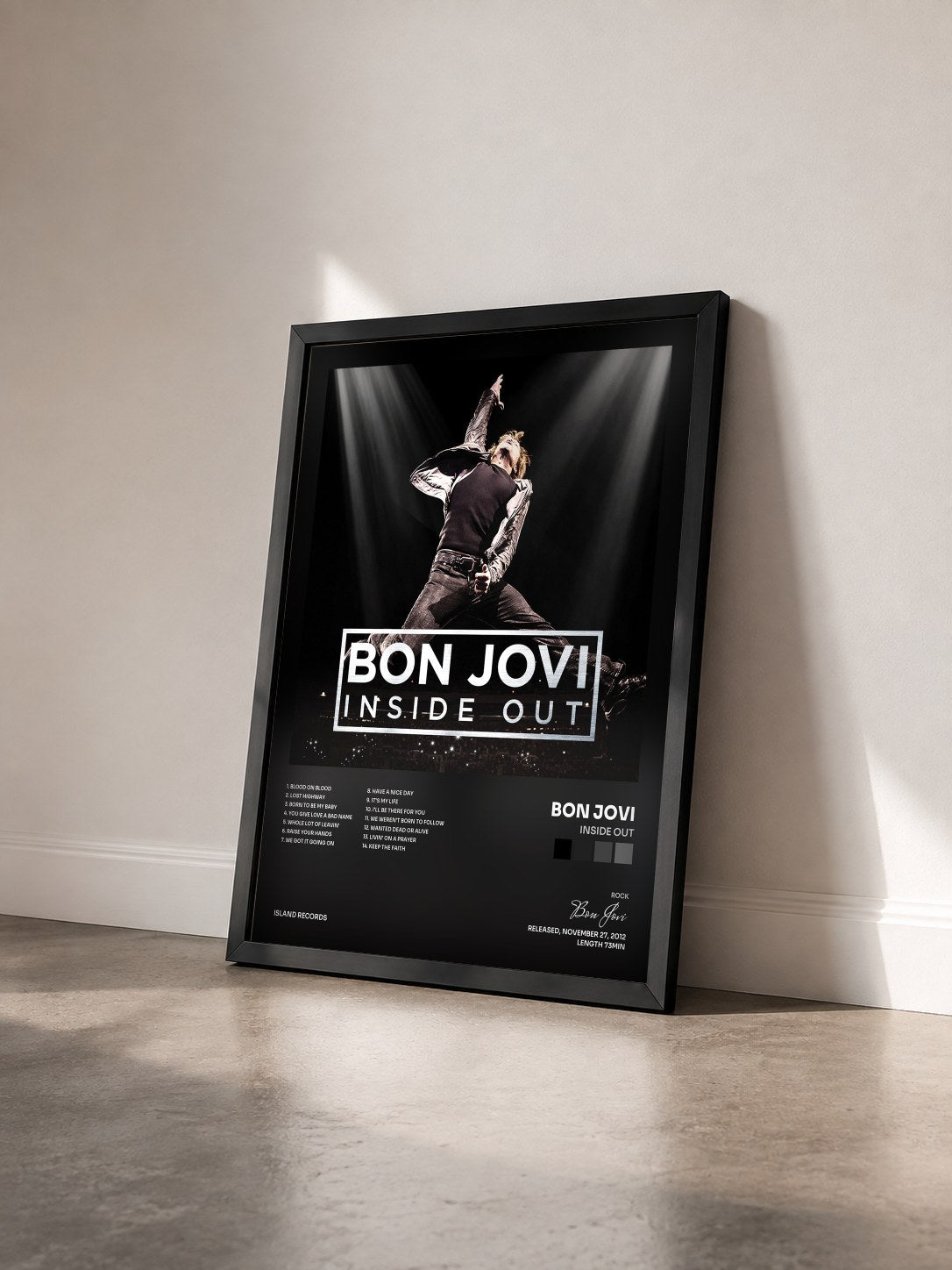#noir Inside Out by Bon Jovi as a framed art print seen at an angle, black frame