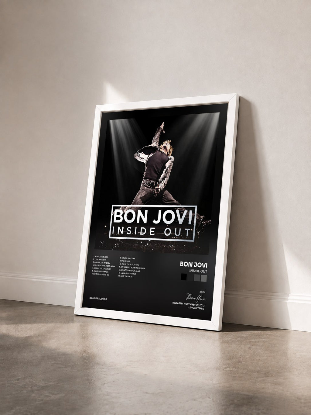 #blanc Inside Out by Bon Jovi as a framed art print seen at an angle, white frame