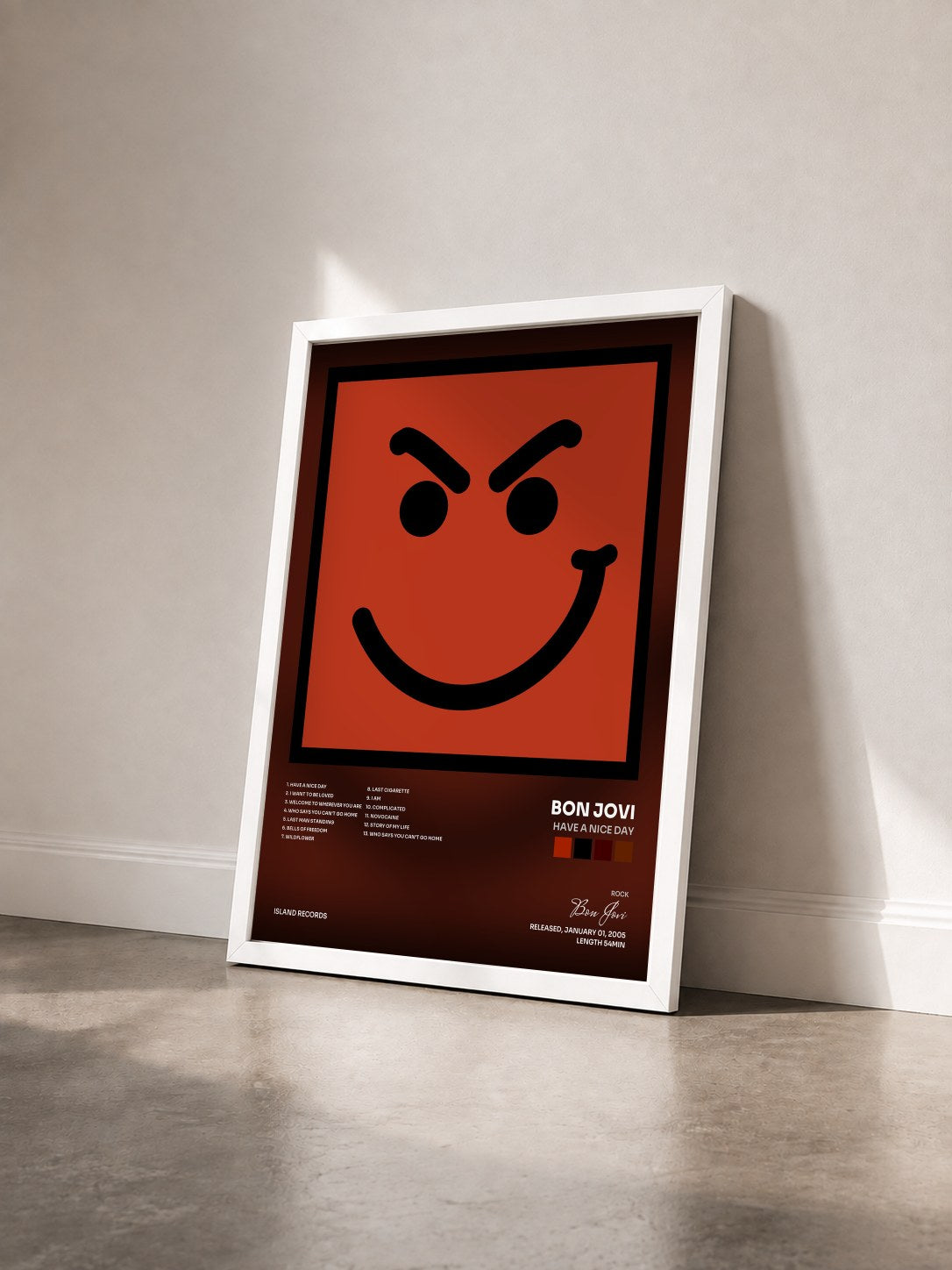 #blanc Have A Nice Day by Bon Jovi as a framed art print seen at an angle, white frame