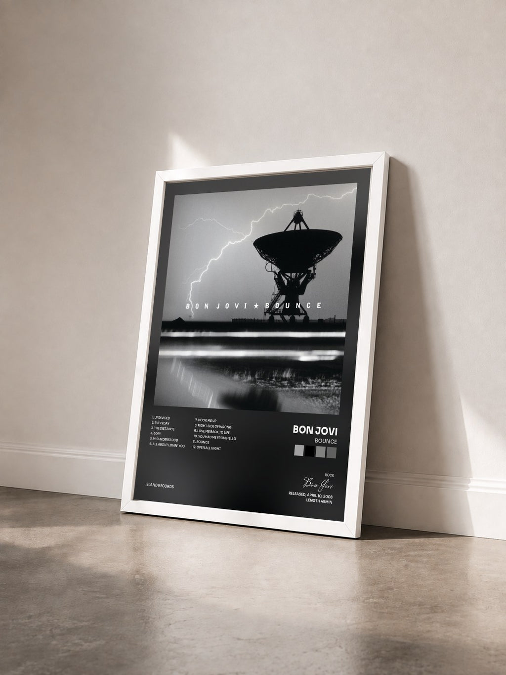 #blanc Tableau de l'album Bounce de Bon Jovi vu de trois quarts, cadre blanc