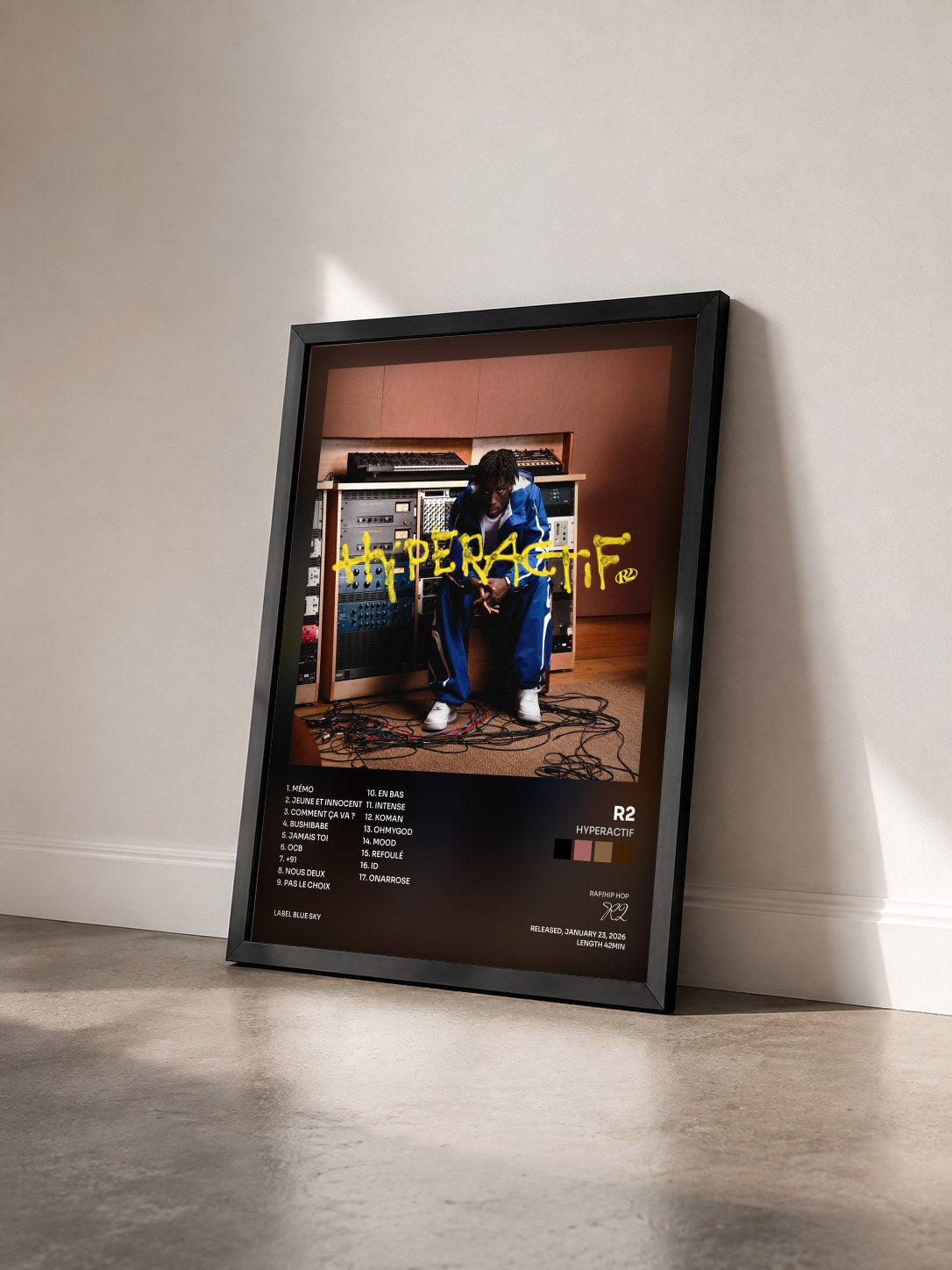 #noir HYPERACTIF by R2 as a framed art print seen at an angle, black frame