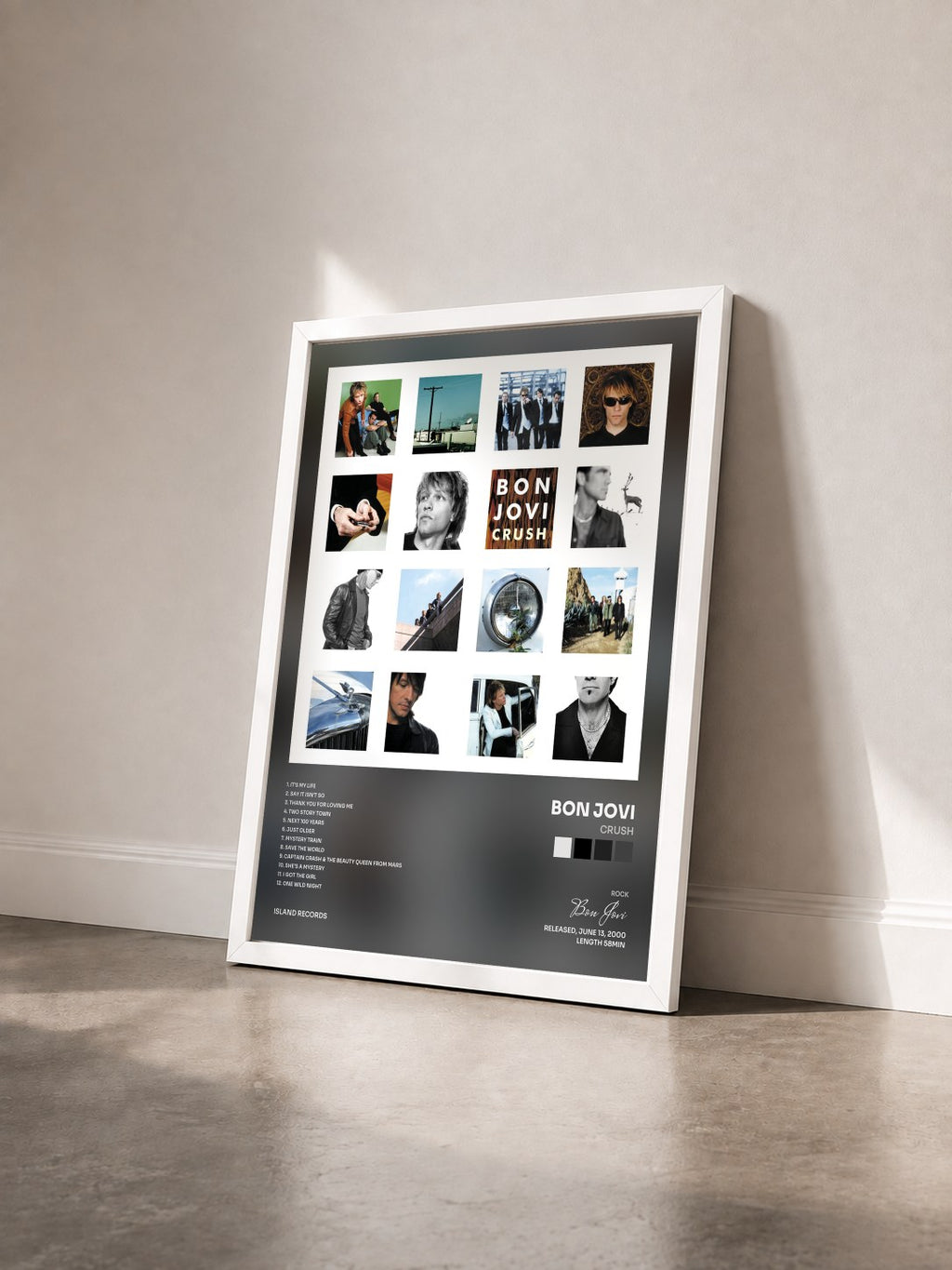 #blanc Tableau de l'album Crush de Bon Jovi vu de trois quarts, cadre blanc