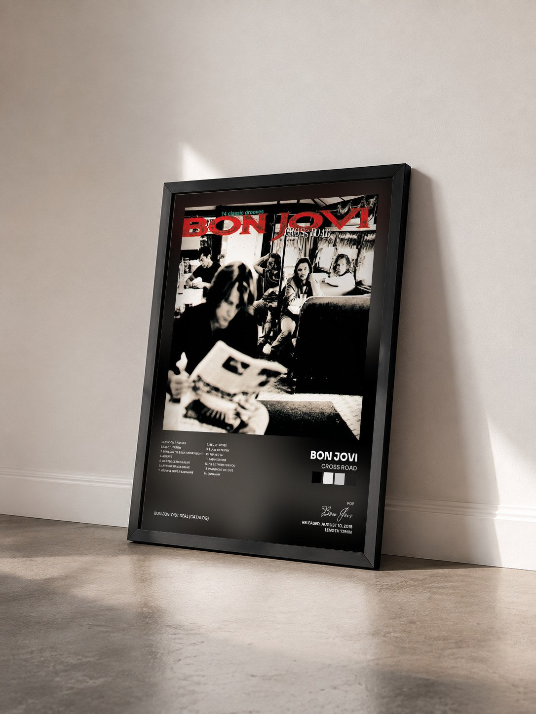 #noir Cross Road by Bon Jovi as a framed art print seen at an angle, black frame